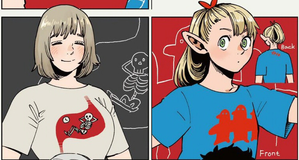 reference images of Falin and Marcille’s Daydream Hour modern iterations. Falin has a beige t-shirt with a picture of a cartoon skeleton lounging within the outline of a stomach on it, and Marcille has a blue t-shirt with a trio of her birdlike Familiar food homunculii on it.