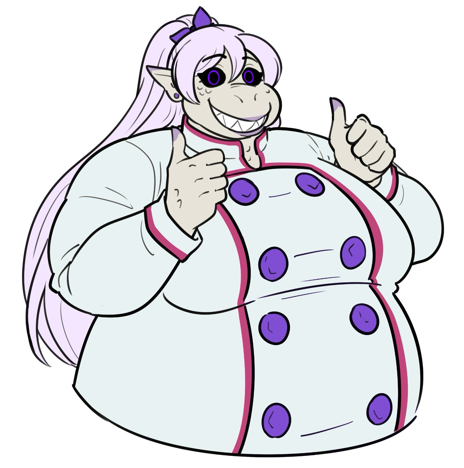 Kogo, the beast woman adventurer and chef. In this image, she’s wearing a white chef’s coat with magenta highlights, fastened by amethyst buttons, and is flashing a big, toothy smile and a joyous double-thumbs-up.