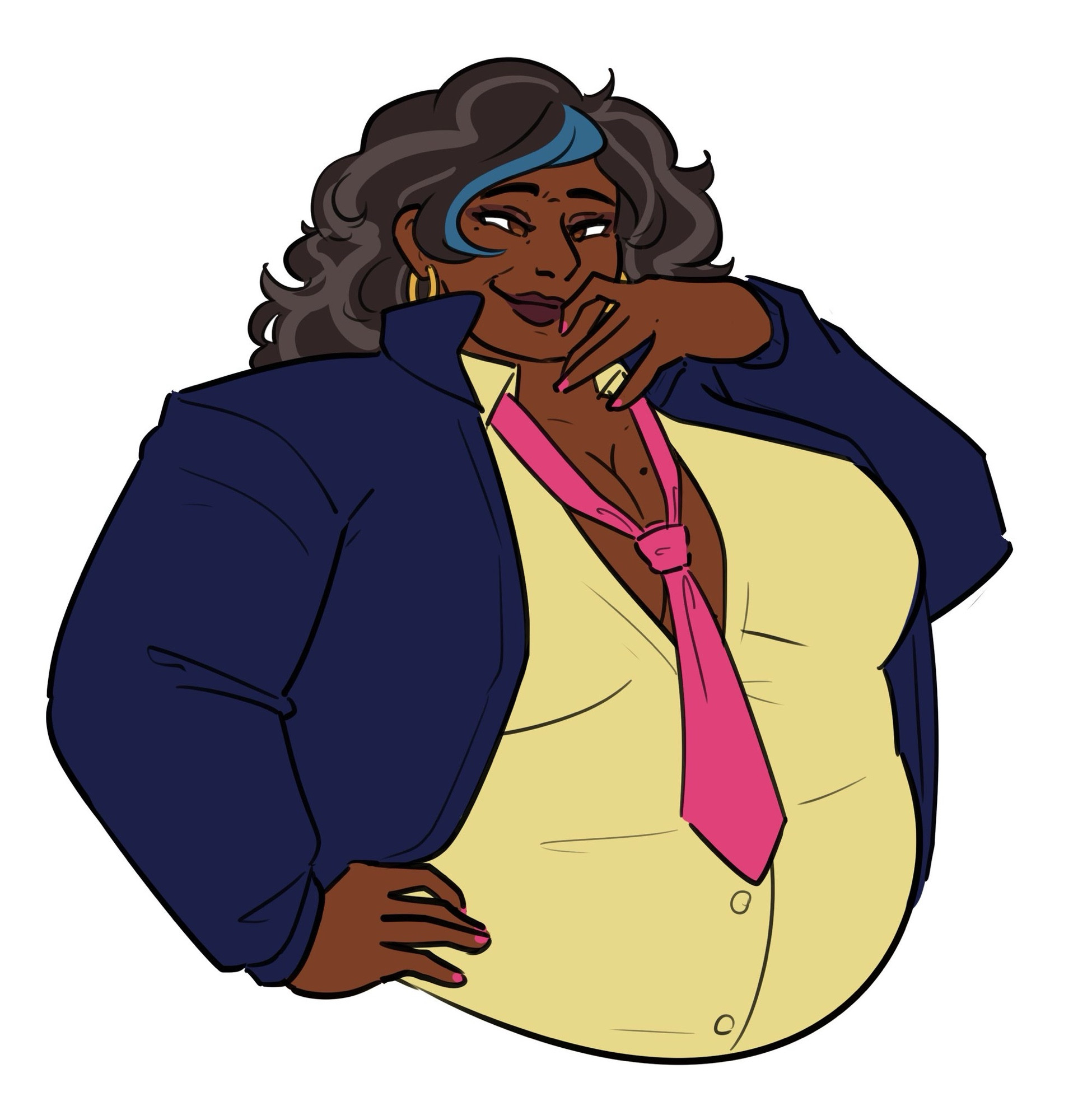 Kemi Budō, owner and chief investigator of a private detective agency. In this image, she’s wearing a dark blue sports jacket over a yellow button-up shirt with a pink tie dangling precariously from its unfastened collar, and is raising a hand to her mouth with a smile.