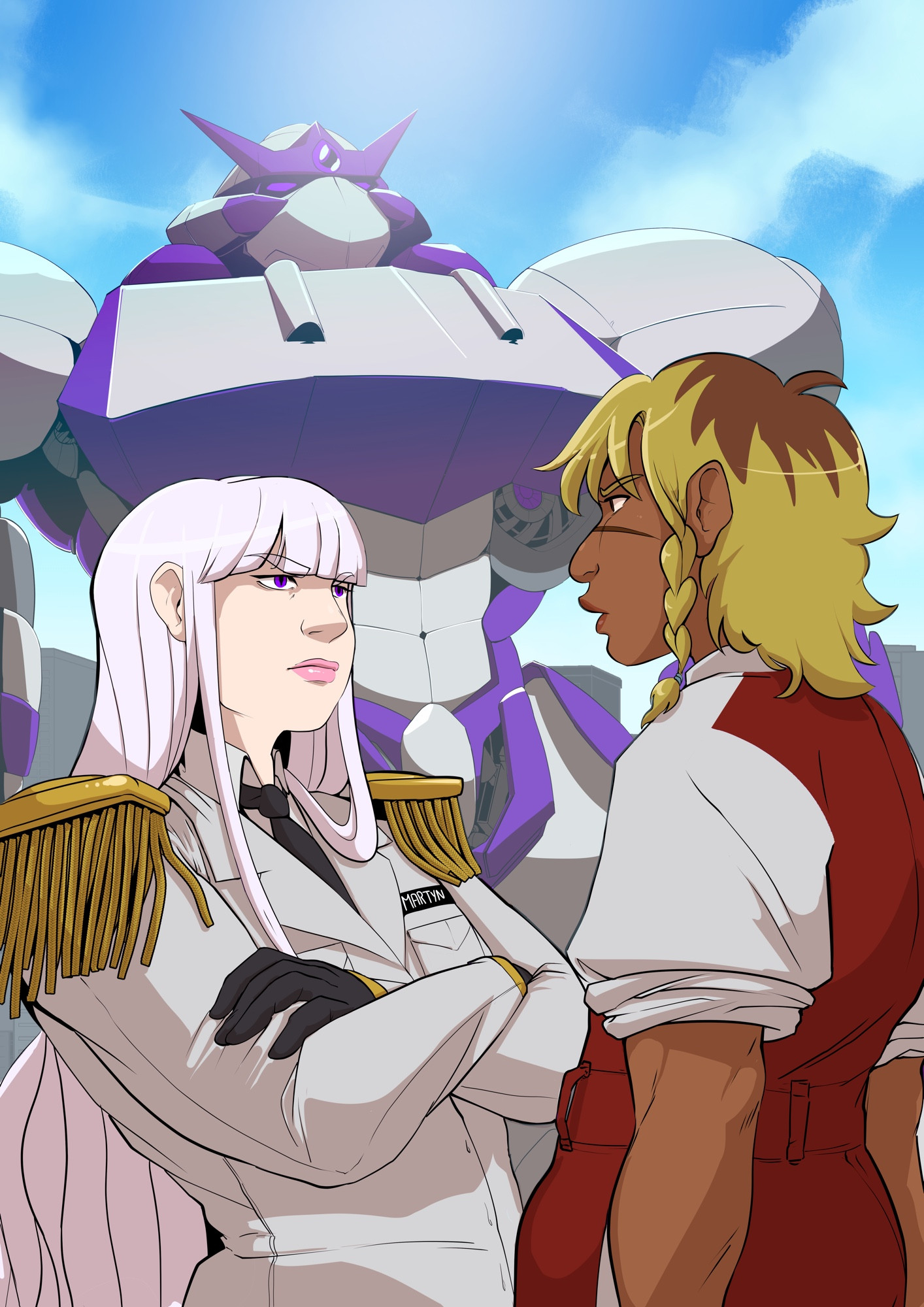 Key art from ANIMA - The World is Always ending, featuring the two protagonists staring each other down as a giant mech looms in the background.

Kōgōmi Martyn stands with her arms crossed in her dress uniform, a crisp white jacket with golden epaulettes complete with a black tie and gloves. Long white hair cascades down her back, and blunt bangs frame her sharp features, including violet eyes (one of which has a fractured iris owing to her albinism) and glossy pink lips which have been massively over-lined.

Mischa Rosenthal stands opposite her, in partial side profile, wearing a red Plug Suit—the uniform of mech pilots working for ANIMA, resembling a red-and-white boiler suit with the sleeves rolled up. Their hair is tied into a little side braid with an elastic band, and is an off-yellow colour thanks to a fading blonde dye job that’s already showing copious brown roots. They have a facial tattoo from one side of their face to another, a solid black line crossing their aquiline nose.

Behind them, the mighty Port, Medusa, stands tall. It’s broad-shouldered with a very Gundam-esque face plate, narrow eyes and a W-shaped command fin which almost resembles a tiara. Its colour scheme is glossy pearlescent white and purple, much like its Plug, Kōgōmi.

You could cut the sapphic tension of this held gaze with a KNIFE.