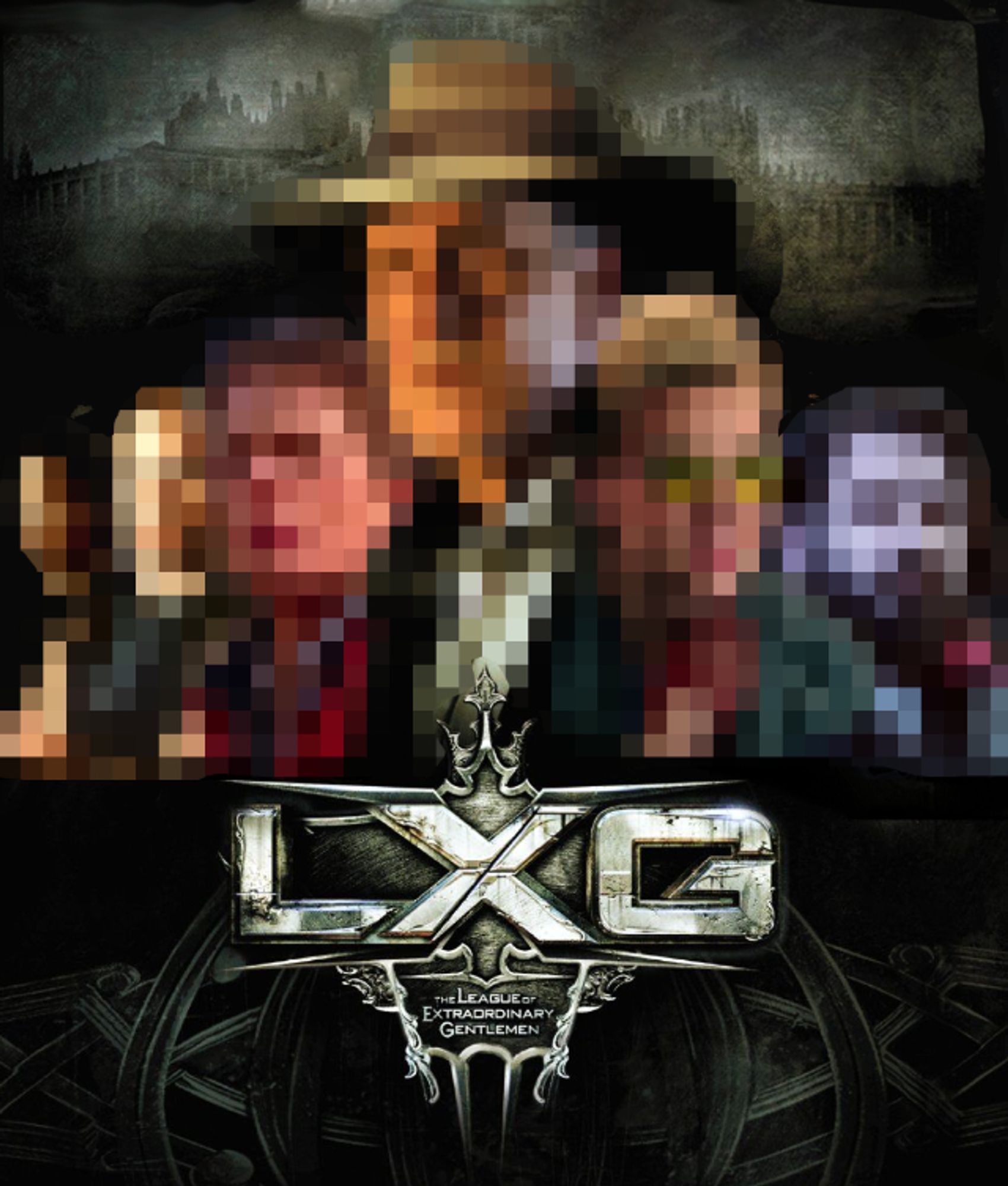 The League of Extraordinary Gentlemen movie poster, with the characters obscured by pixellation