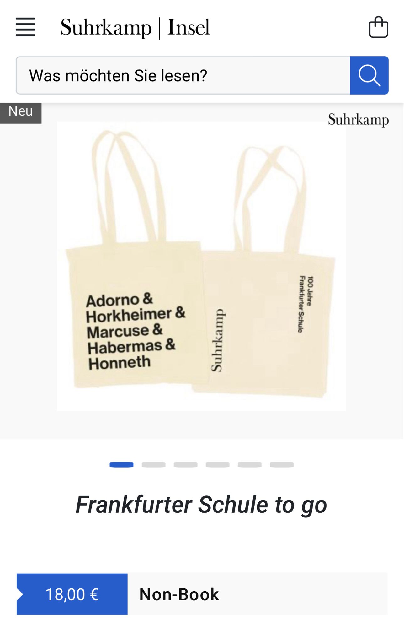 Ein Leinenbeutel für 18,- € mit der Aufschrift „Adorno & Horkheimer & Marcuse & Habermas & Honneth“