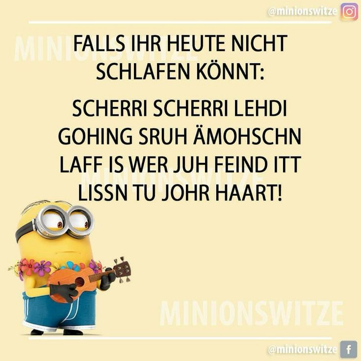 Ein Minion Sharepic: Minion mit Ukulele und Blumenkette schaut mit schmalem Mind zur Seite.
Text: „FALLS IHR HEUTE NICHT SCHLAFEN KÖNNT:“
(jetzt kommt der Lied Text von Cherie Cherie Lady, aber das Englisch wurde in deutsch ungeschrieben so wie es klingt) „SCHERRI SCHERRI LEHDI GOHING SRUH ÄMOHSCHN LAFF IS WER JUH FEIND ITT LISSN TU JOHR HAART!“