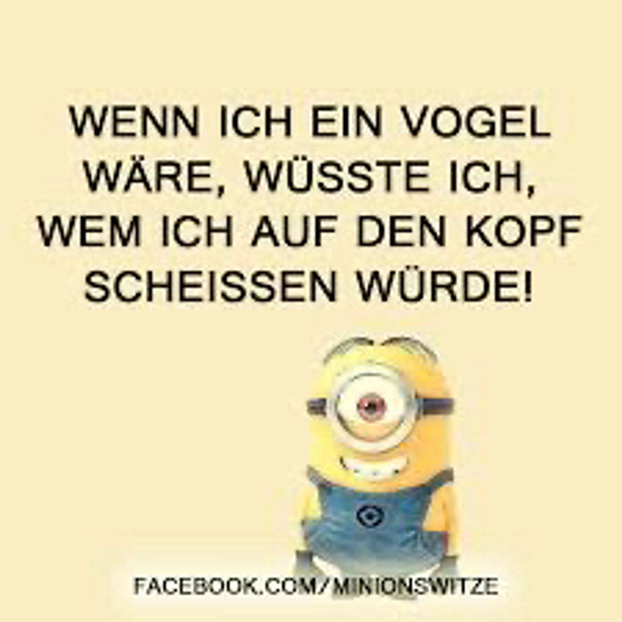 Minions Sharepic mit grinsendem Minion:
„WENN ICH EIN VOGEL WÄRE, WÜSSTE ICH, WEM ICH AUF DEN KOPF SCHEISSEN WÜRDE“
FACEBOOK.COM/MINIONSWITZE