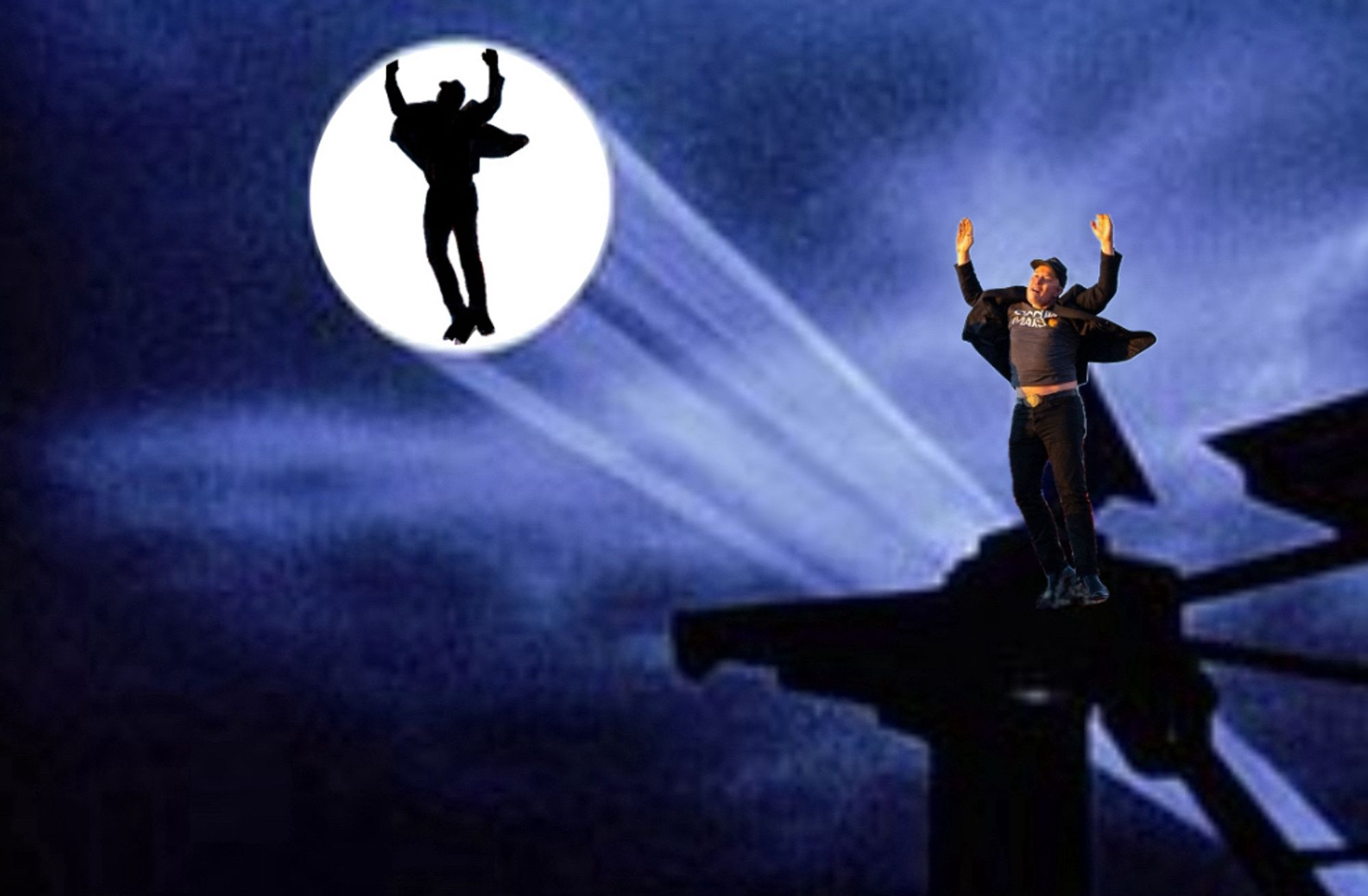 Batsignal zeigt die Konturen von Elon Murks in seiner Jump Fledermaus Pose, davor steht nicht Batman zum Himmel blicken, sonderm das Bild von Elon