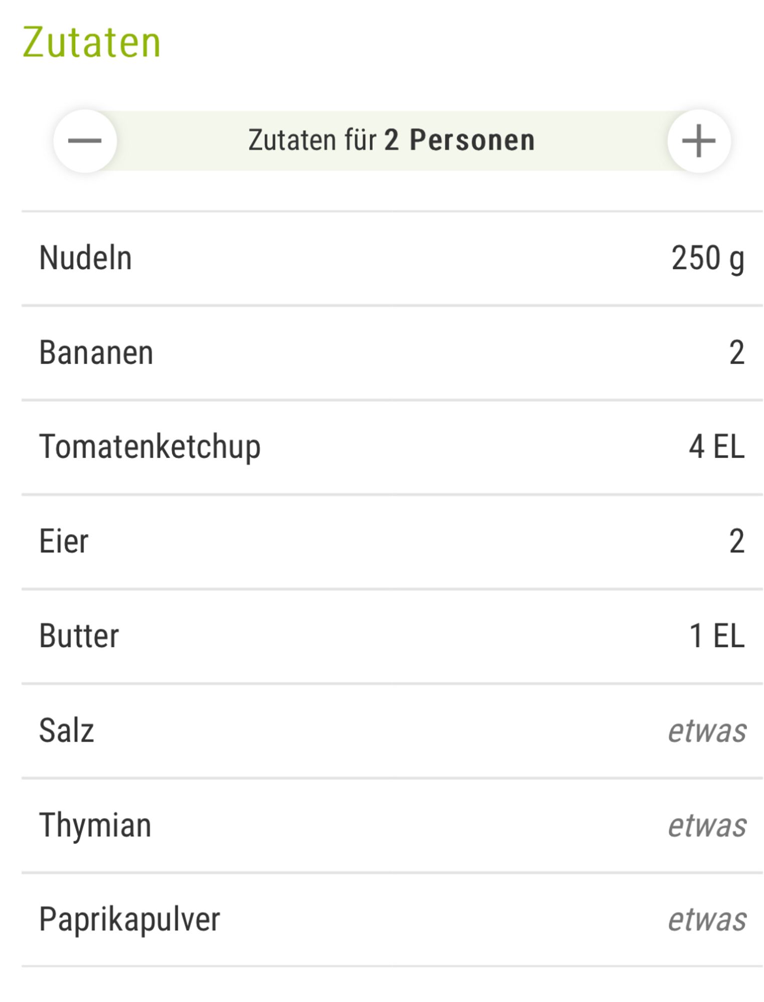 Tabelle der Zutaten
Zutaten für 2 Personen
+
Nudeln 250 g
Bananen 2
Tomatenketchup 4 EL
Eier 2
Butter 1 EL
Salz etwas
Thymian etwas
Paprikapulver etwas