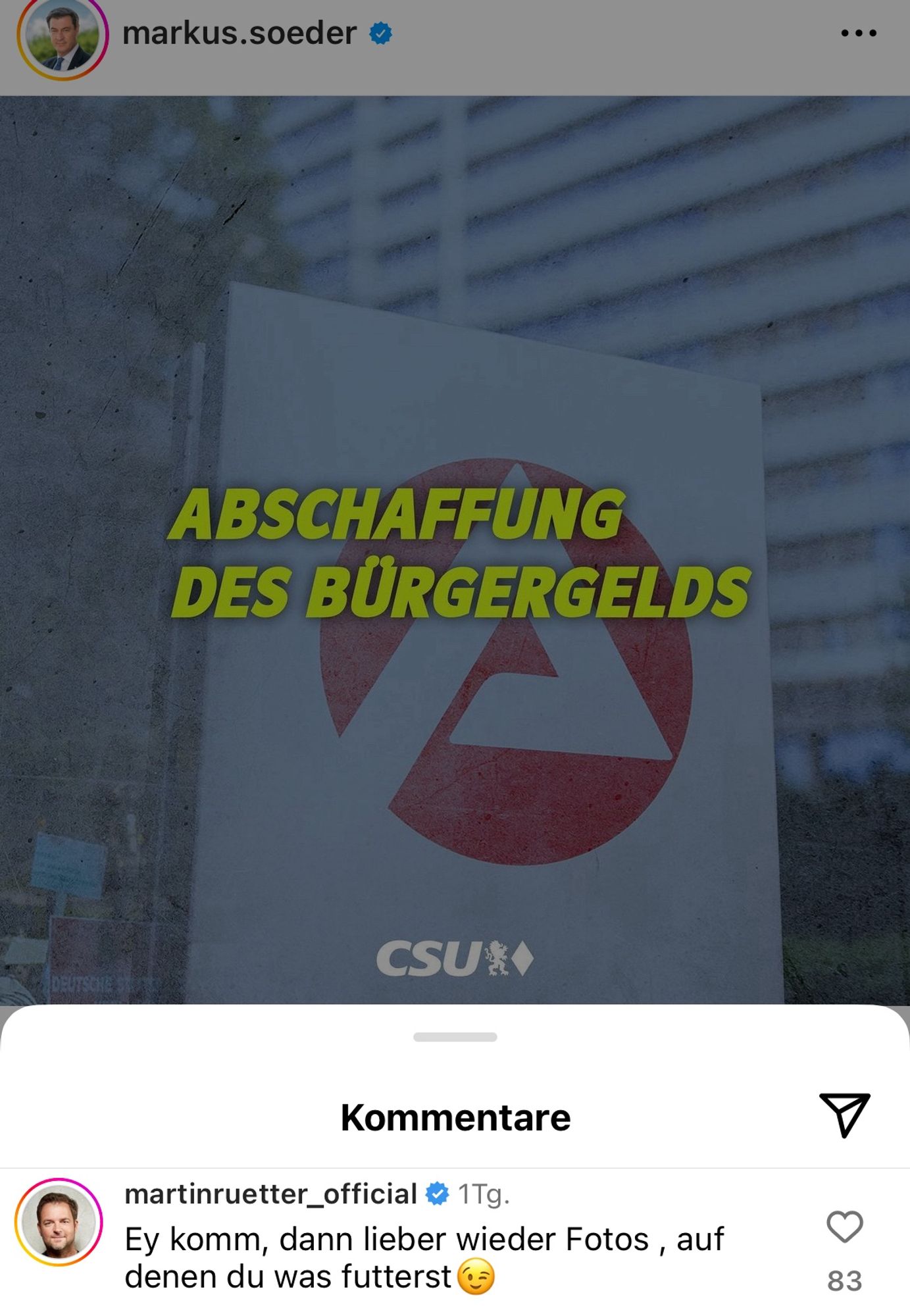 Screenshot Insta Söder Sharepic „Abschaffung des Bürgergelds“
darunter Kommentar von Martin Rütter:
„Ey komm, dann lieber wieder Fotos, auf denen du was futterst 😉“