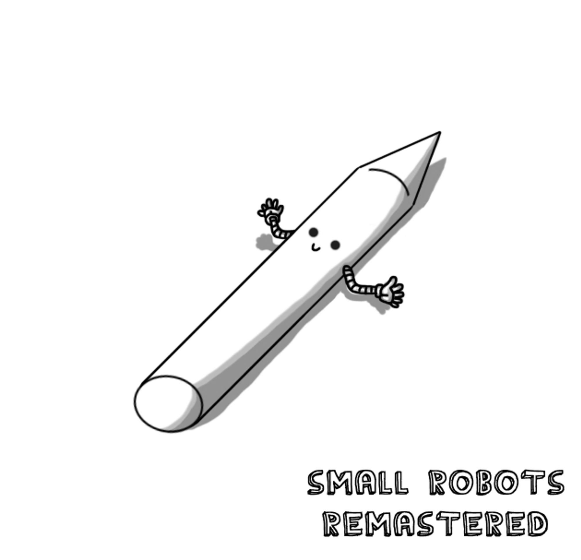 A robot shaped like a little pencil lying on the ground. It has banded arms about halfway up and a smiling face, orientated so the point is at the top.