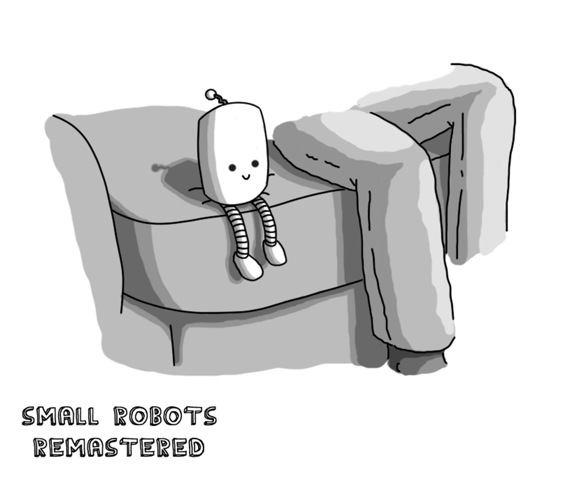 A sofa with a person sitting on it, with only their legs visible. Next to them is perched a little smiling, oblong robot with longish, banded legs dangling over the edge of the sofa cushion and a zigzag antenna.