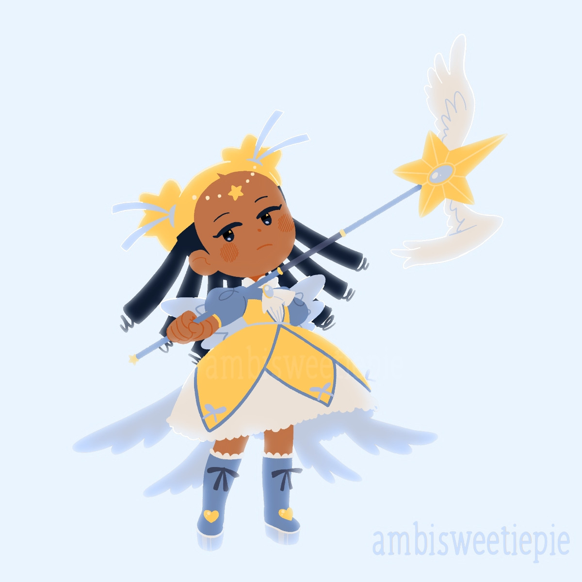 Aika transformed into a Magical Girl. She holds her staff in front of her in a passive battle pose. She has a bored/annoyed expression. She is surrounded by a bright light.