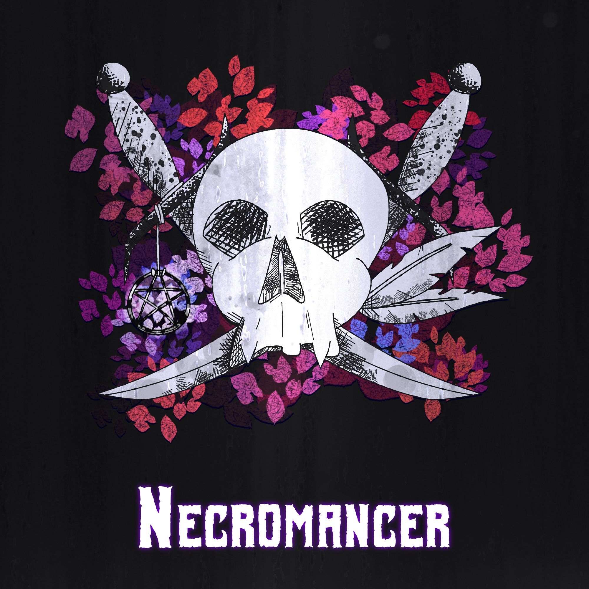 "Necromancer," a skull atop crossed daggers, adorned with feathers and a pentagram pendant.