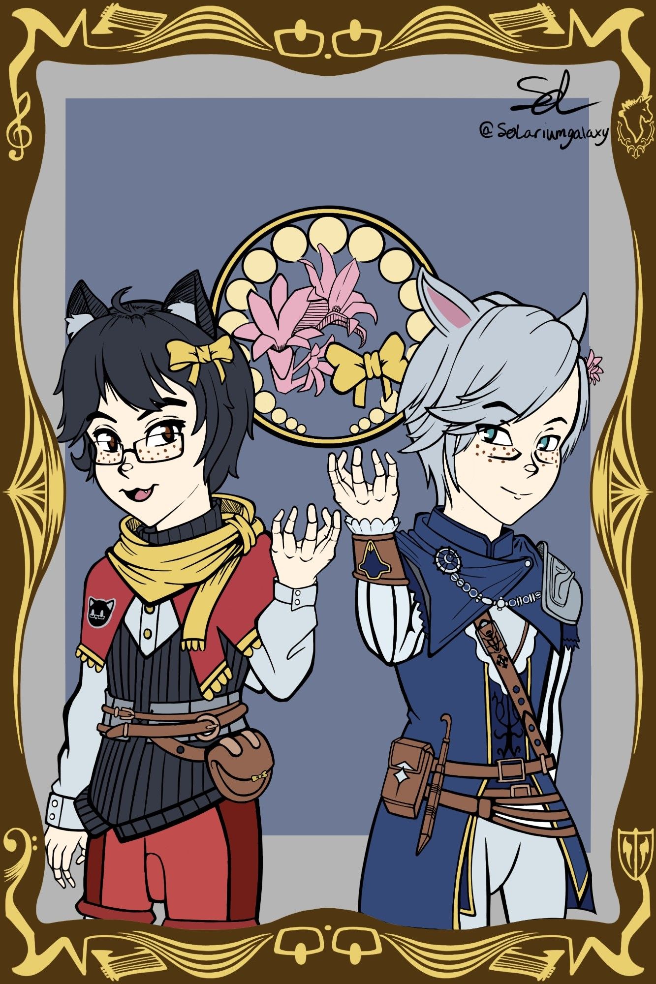 An Illustration with an ornate brown and yellow-gold frame featuring @JoCat's eponymous VTuber on left side of the image and his Final Fantasy XIV character, Victor Quibbles, on the right. They both have their arms raised somewhat, drawing the viewer's attention to a gold ring in the upper-middle part of the image (between the two) with their signature accessories: a Red-Pinkish flower corsage and a yellow hair bow.