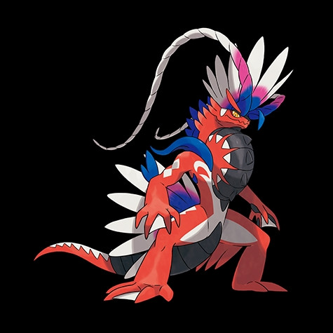 Offical art of Koraidon, one of the two legendary Pokemon pairs in Pokemon Scarlet and Violet. A red bipedal lizard-like being with a massive wheel-like protrusion on its chest and part of its tail.