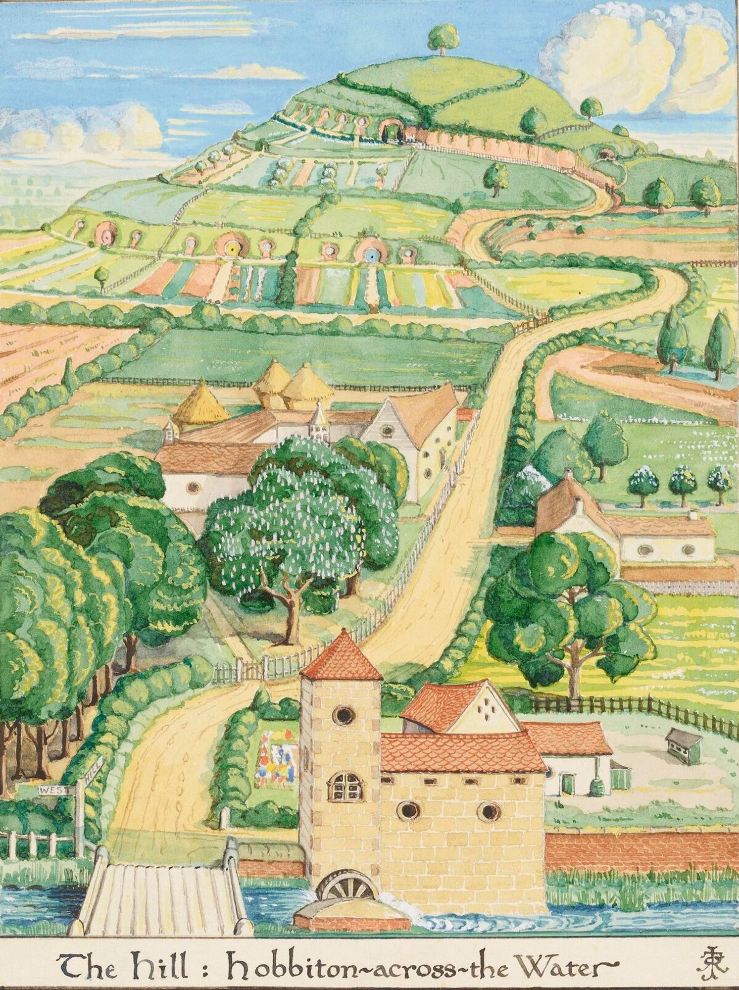 J. R. R. Tolkien's illustration of the village of Hobbiton in the Shire, looking across the Water toward the Hill and Bag End.