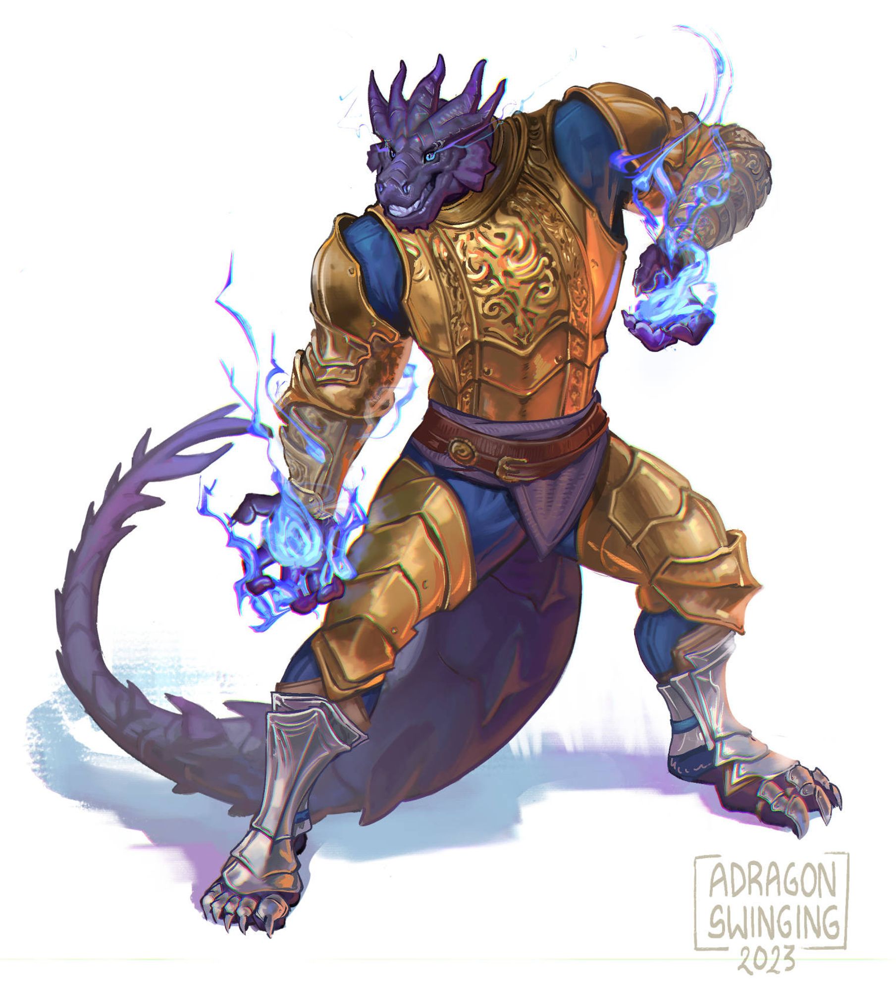 Painted full body of a dark purple dragonborn, clad in golden armor. Purple and blue lightning magic crackles menacingly around his hands and eyes, making his toothy grin seem quite threatening.