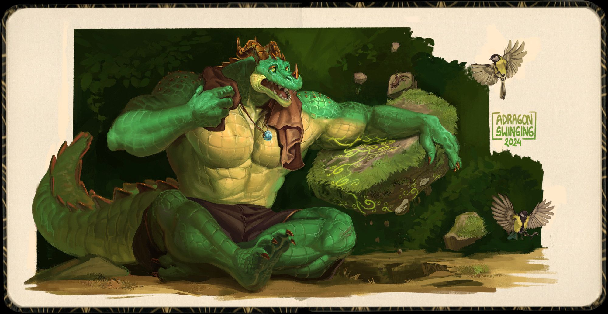 Painted picture of a crocodilian anthro character, sitting down with a towel around his neck, suggesting he's been resting. A rock is floating next to him as magic swirls spread from his arm to the stone. He looks surprised and startled, as do the birds flying away from him.