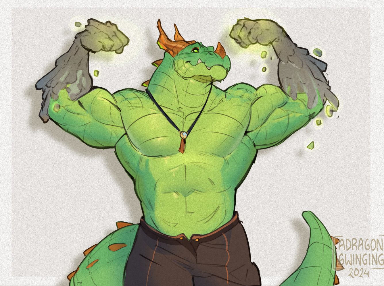 A large dragonborn anthro is flexing in front of the camera, smiling. His forearms are covered in stones, some of them levitating around.