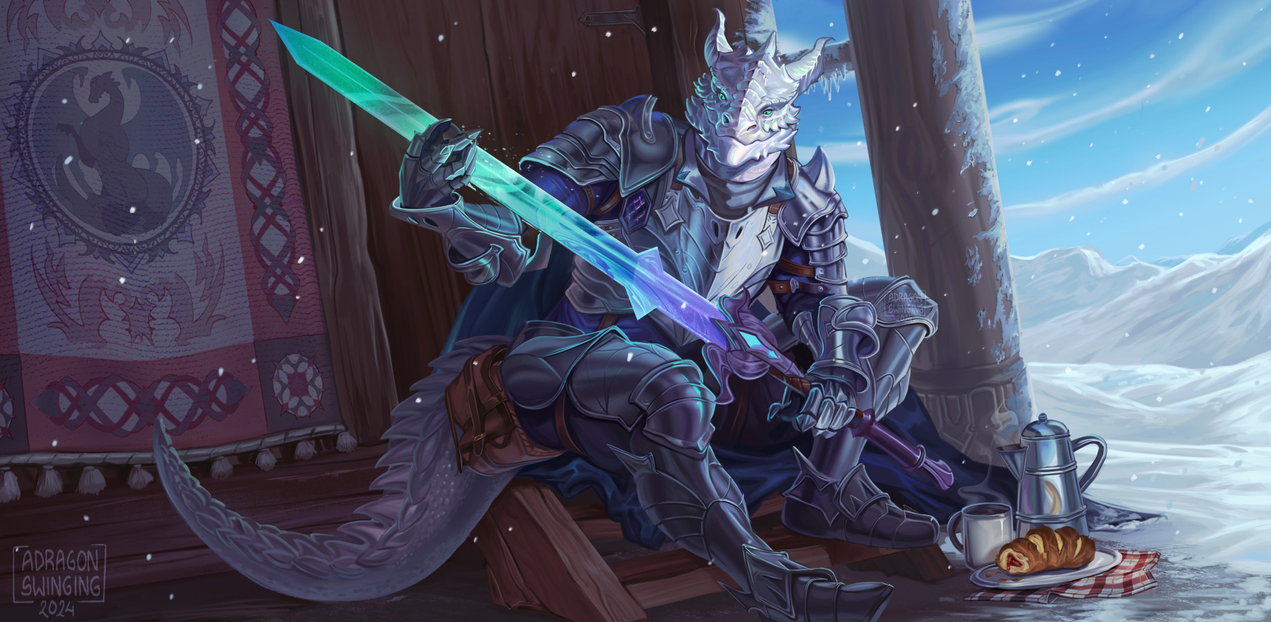 Painted picture of an anthro dragon man in a snowy mountainous environment. He is a knight in full armor, sitting on the wooden steps leading to a winter cabin, in the process of sharpening his magical sword. A tapestry showing white and red dragons hangs next to him, and a mug of warm coffee and a pastry lie at his feet. While in full gear, he seems in a restful state.