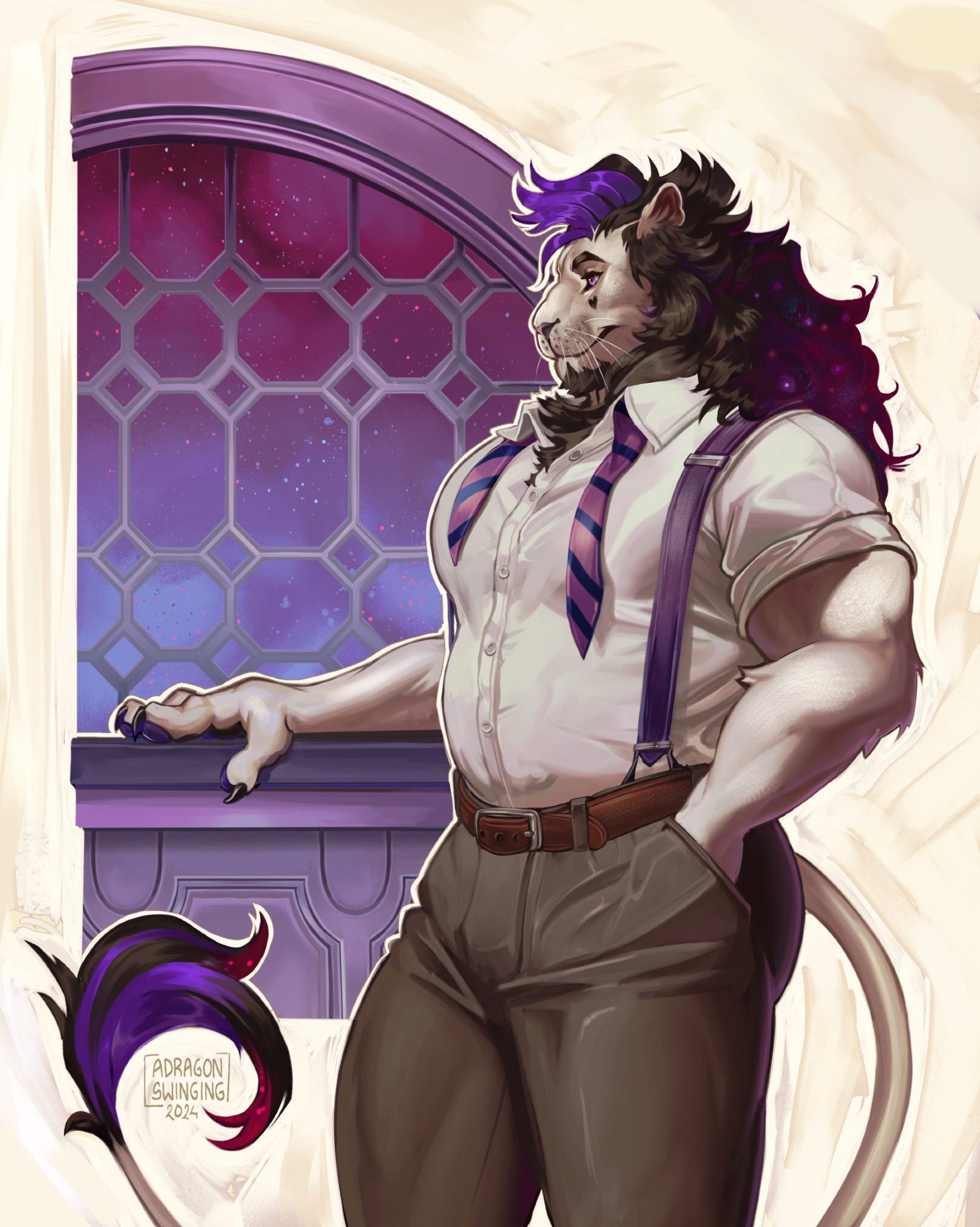 Leyendecker-inspired painting of an anthro lion, dressed in a sharp suit. He is standing next to a window showcasing cosmic clouds, and his mane is colored like starry skies.