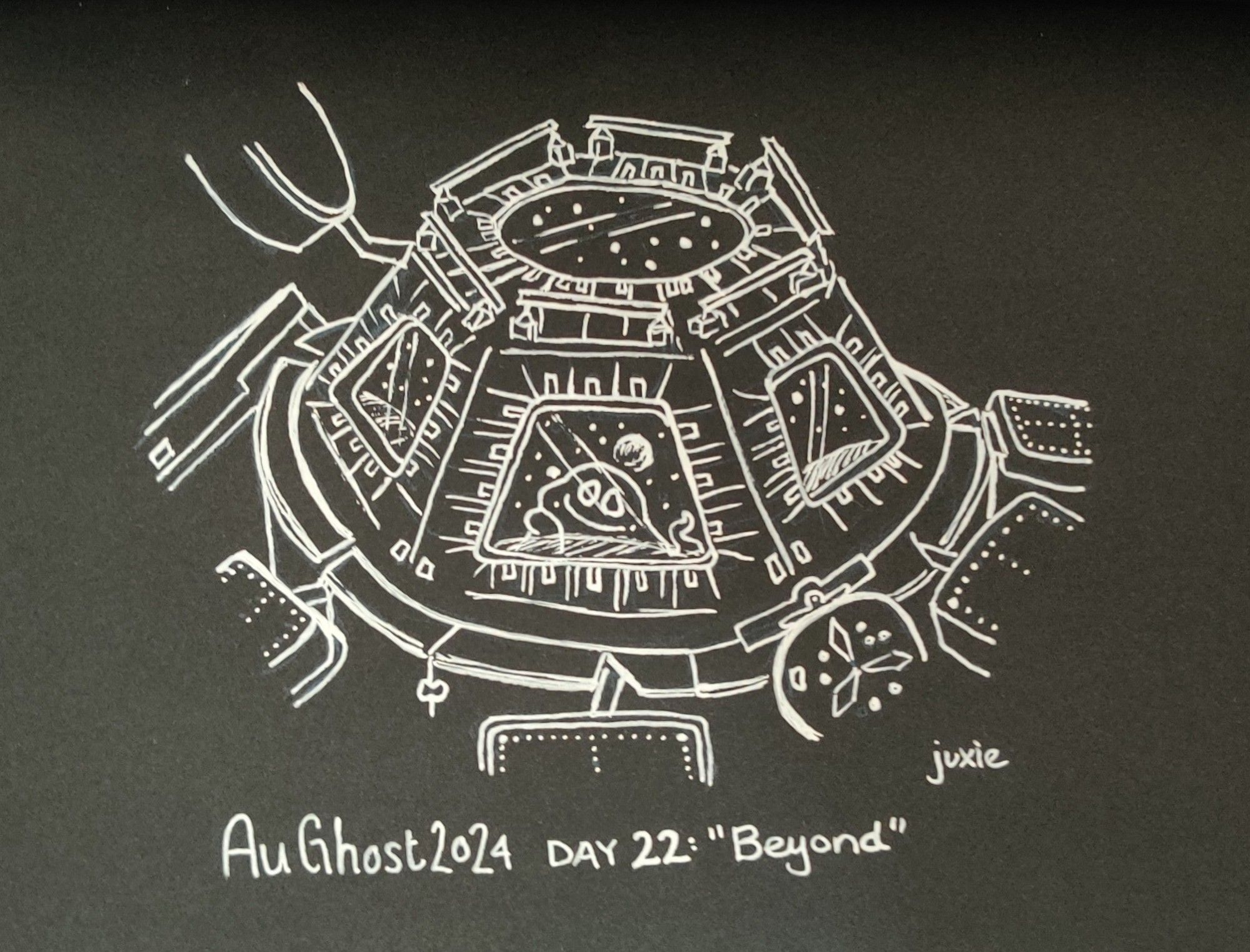 AuGhost 2024 day 22: Beyond

A drawing of a space station with a ghost inside. The ghost is staring dreamily out a window at the stars and earth. Drawn in white ink on black paper.