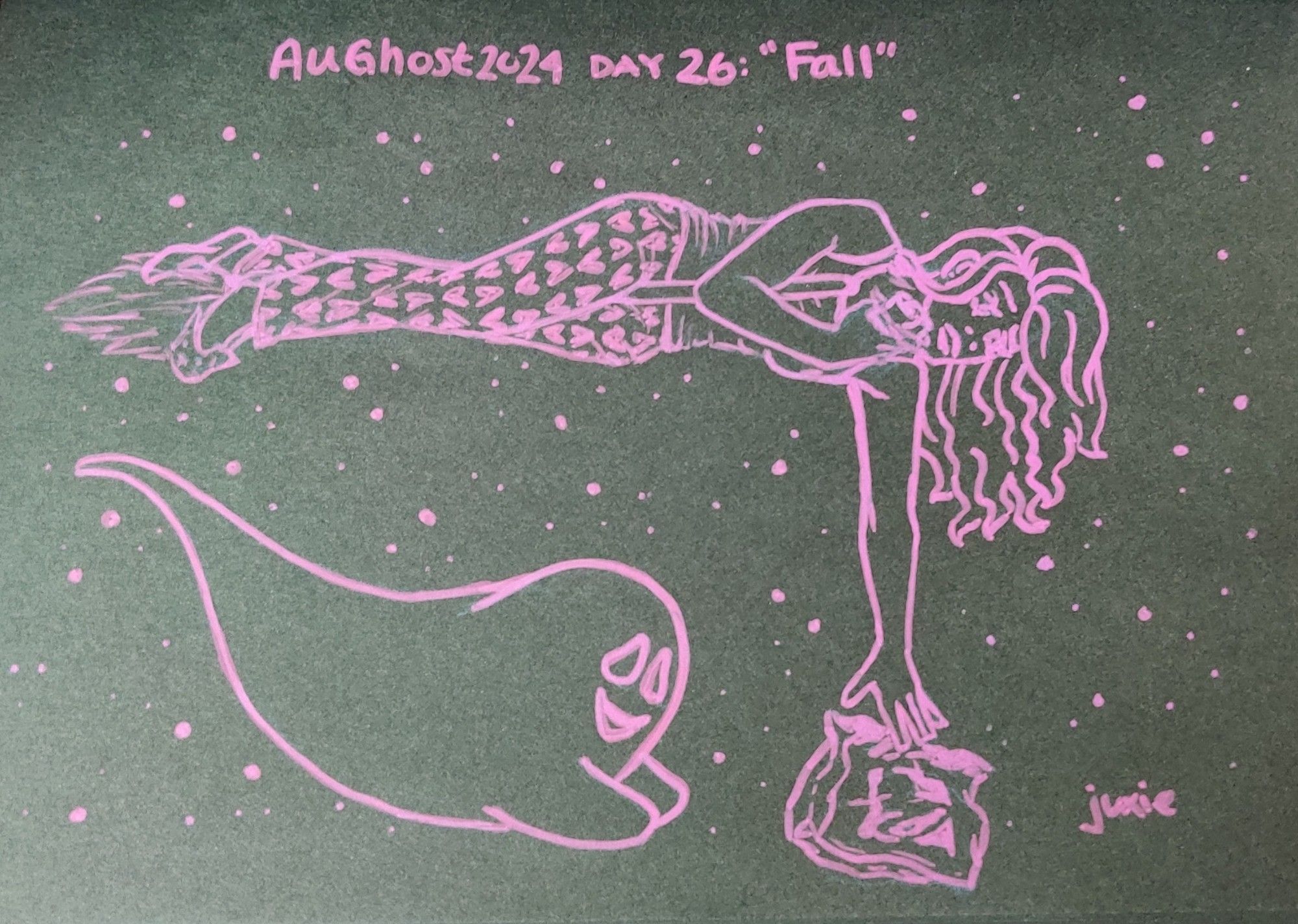 AuGhost 2024 day 26: Fall

A drawing of a witch in pajama pants, kitty slippers, and a tank top balancing on a broom in flight. Her face is concerned and she's gripping the broom with her legs and between an arm and her chest while holding an open burrito in one hand and reaching for her dropped bag of tacos with the other. Below her is a smiling ghost diving to catch the tacos. No tacos were lost in this flight. Drawn in purple paint pen on black paper.