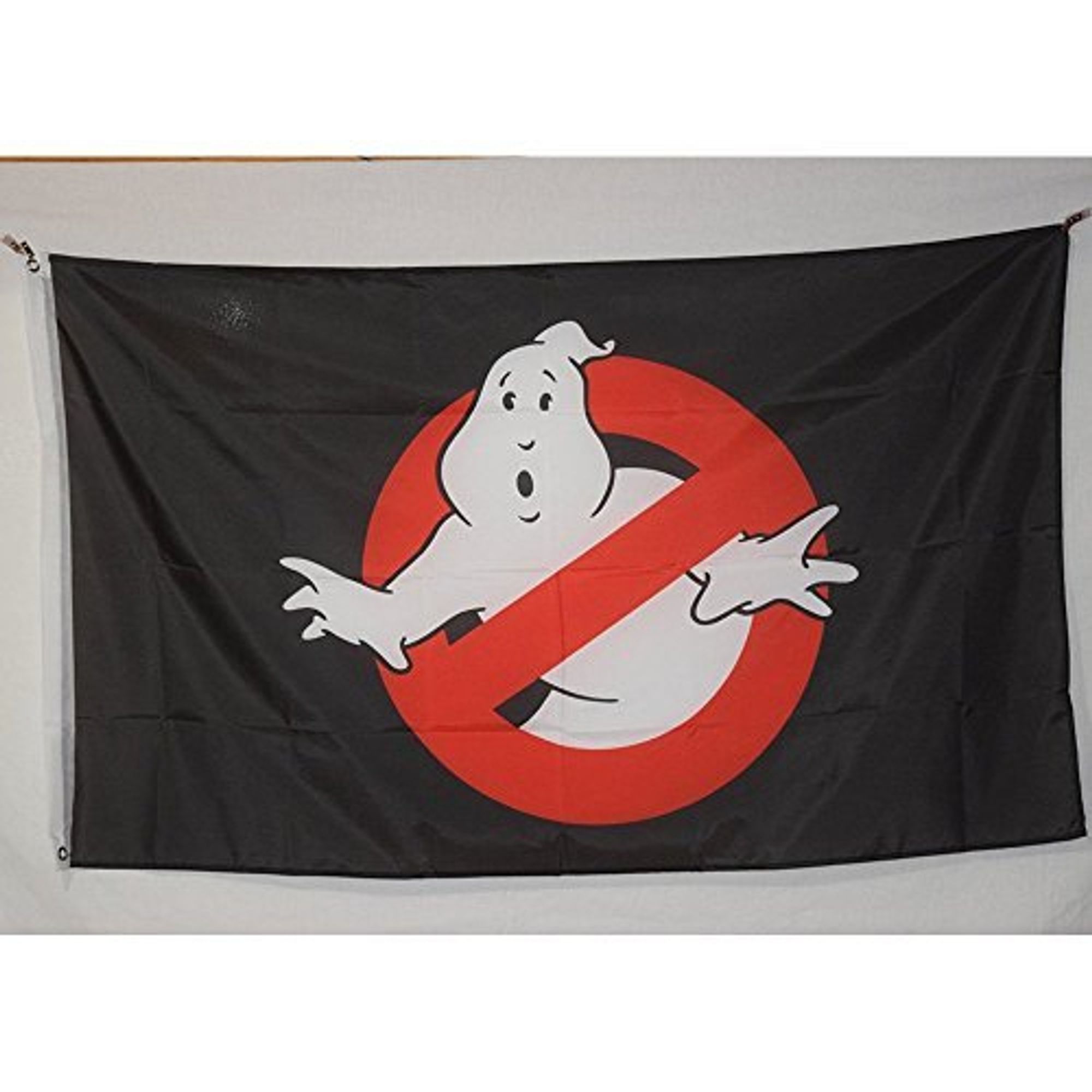 The Ghostbusters Flag

Black field with a white cartoon ghost with a surprised expression (I believe his name is Mooglie) behind and extending its hands and head through a red general prohibition symbol.