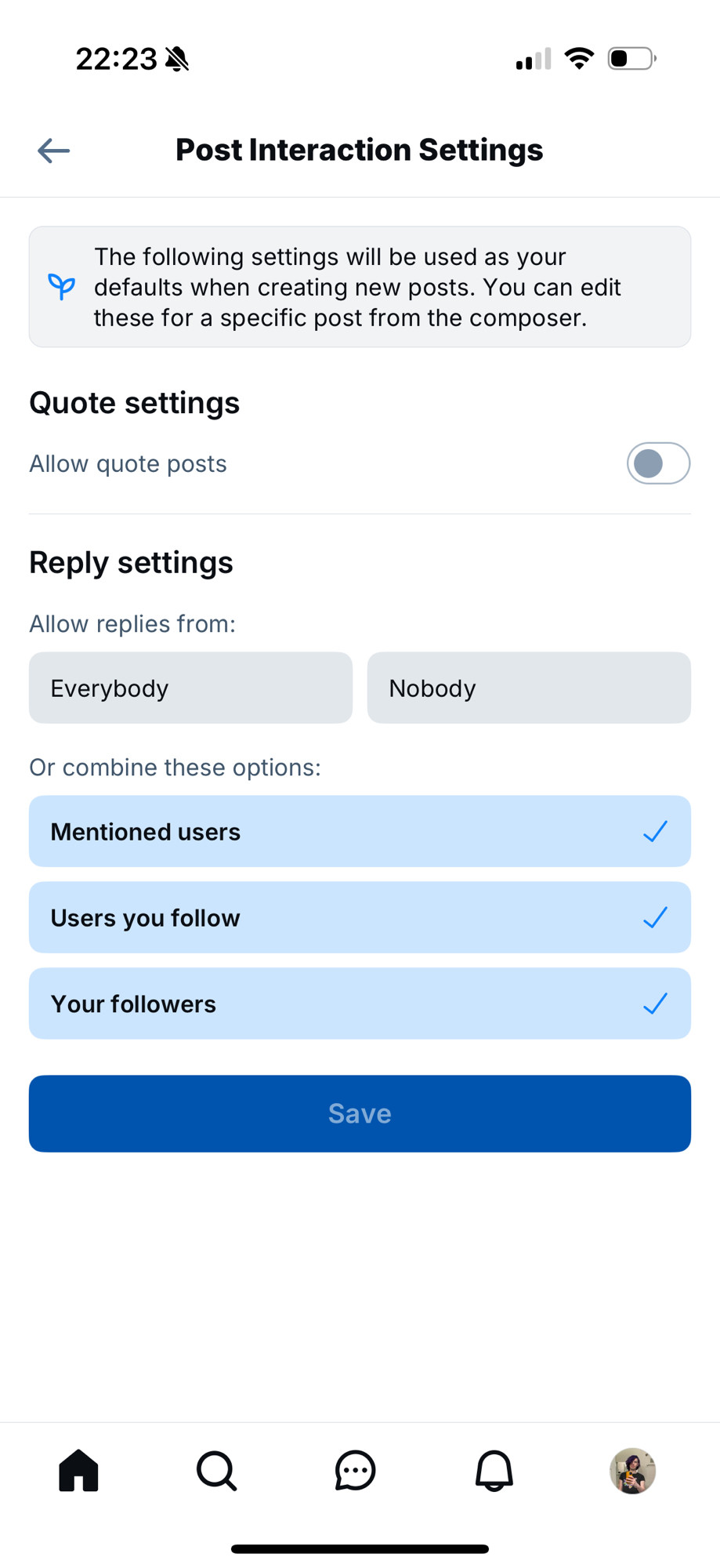 Bluesky interaction settings screen