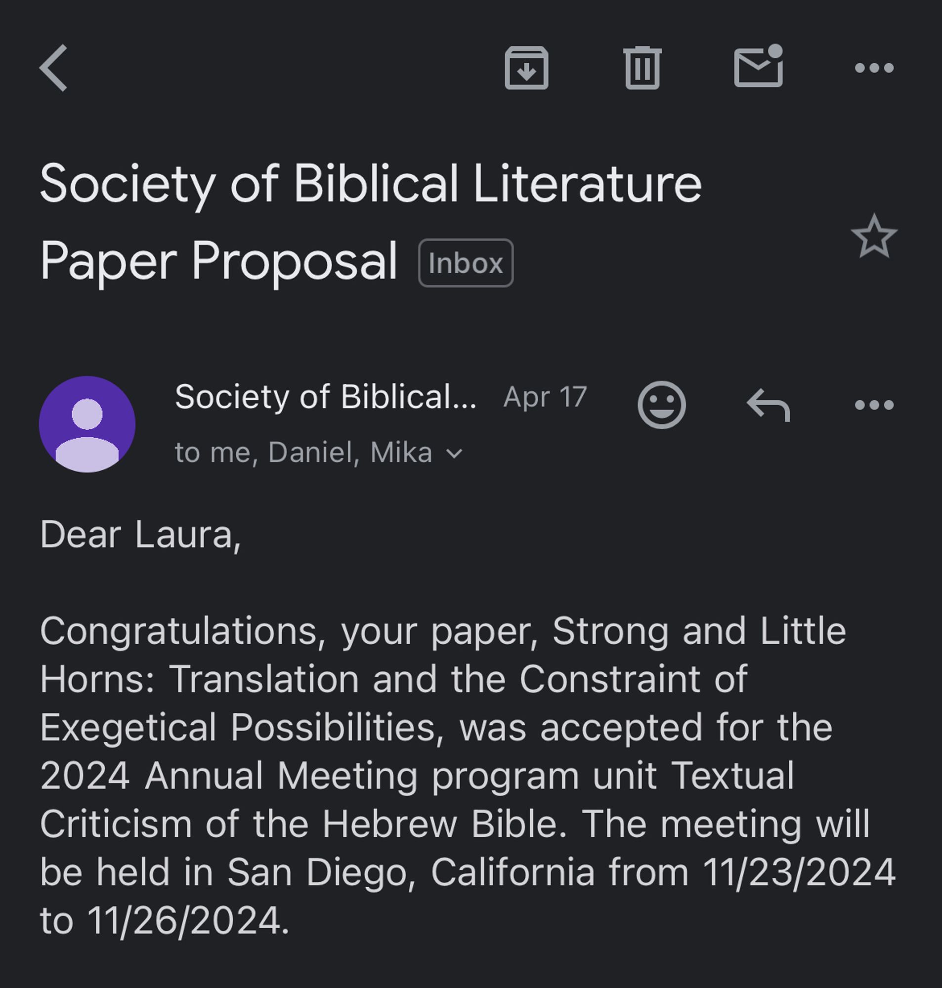 email with acceptance of paper to SBL