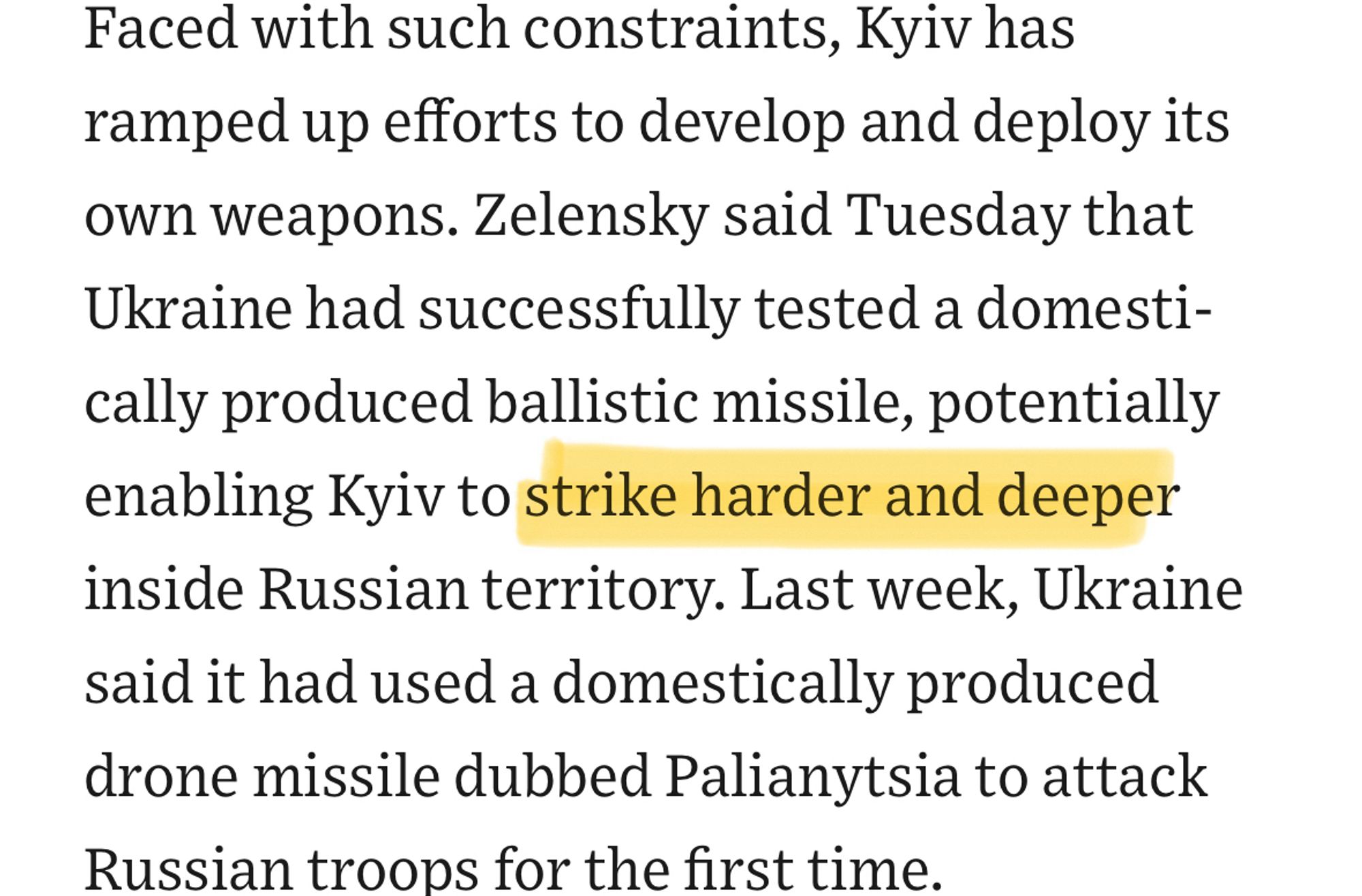 Excerpt from the Wall Street Journal: “enabling Kyiv to strike harder and deeper inside [r]ussian territory.”