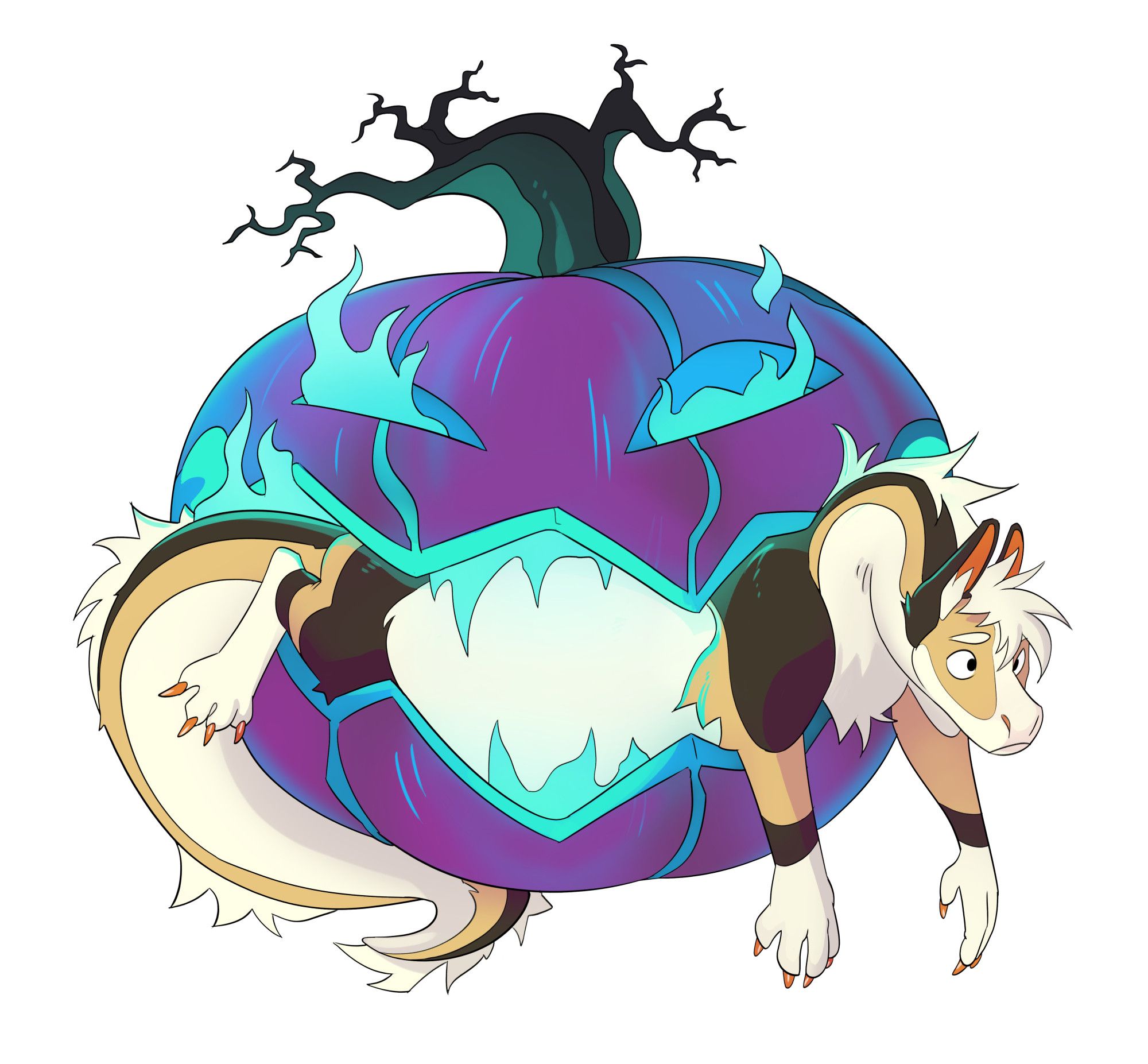 Arkson the corgi dragon a little nervous held in the jaws of a very purple jack-o-lantern