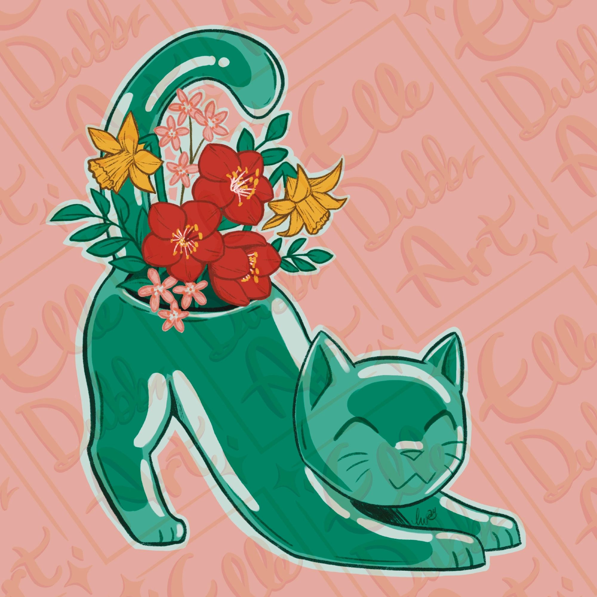 An illustration of a jade cat vase on a pink background. The cat is doing a big stretch, and there is a bouquet of red hellebore, spring beauties, and daffodils.