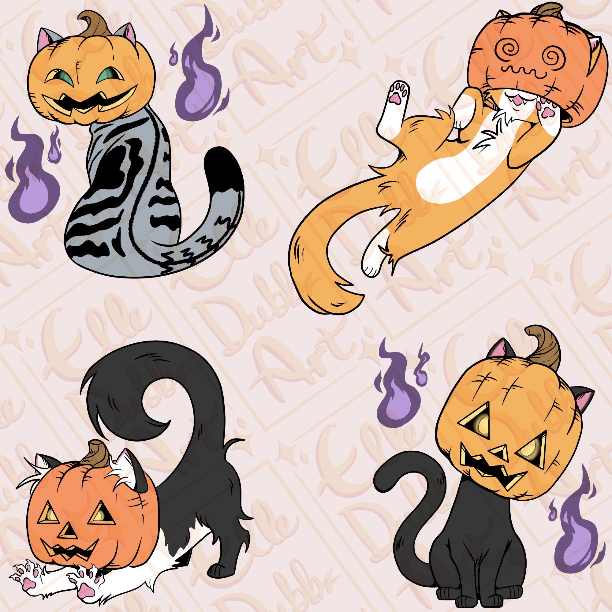 An illustration of four different cats with jack o'lanterns for heads. Some of them have purple will o'whisps floating besides them. There is a grey spotted tabby, a white and orange cat, a black and white cat and a black cat.