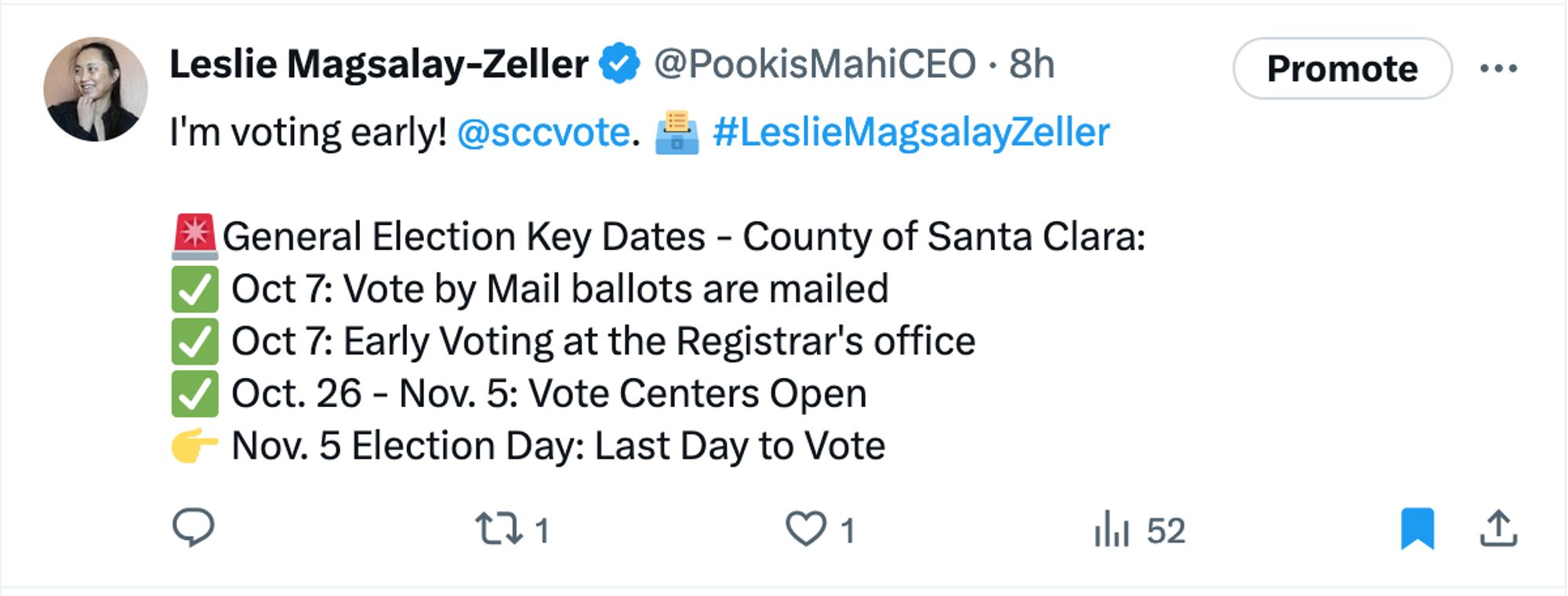 Reposting with graphic. Thanks Pooki's Mahi® (my firm) for the reminder. I live in California. Each county is different. Dates were mailed. I'm voting early. 🗳

🩷 #KomoKitty #LeslieMagsalayZeller  

👉 General Election Key Dates - County of Santa Clara.