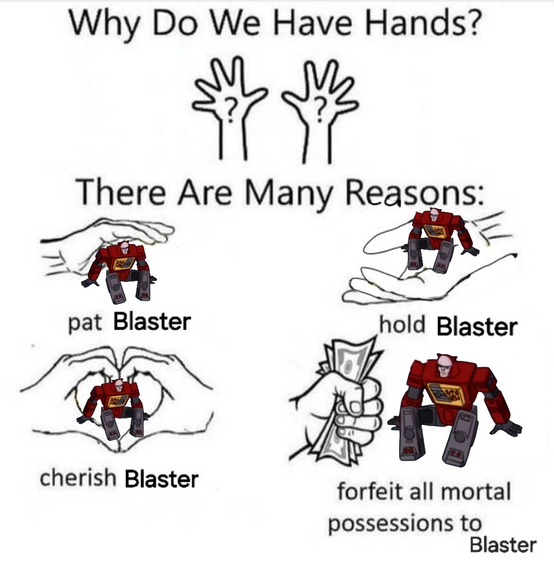 Why do we have hands?
There are many reasons:
Pat Blaster
Hold Blaster
Cherish Blaster
Forfeit all mortal possessions to Blaster