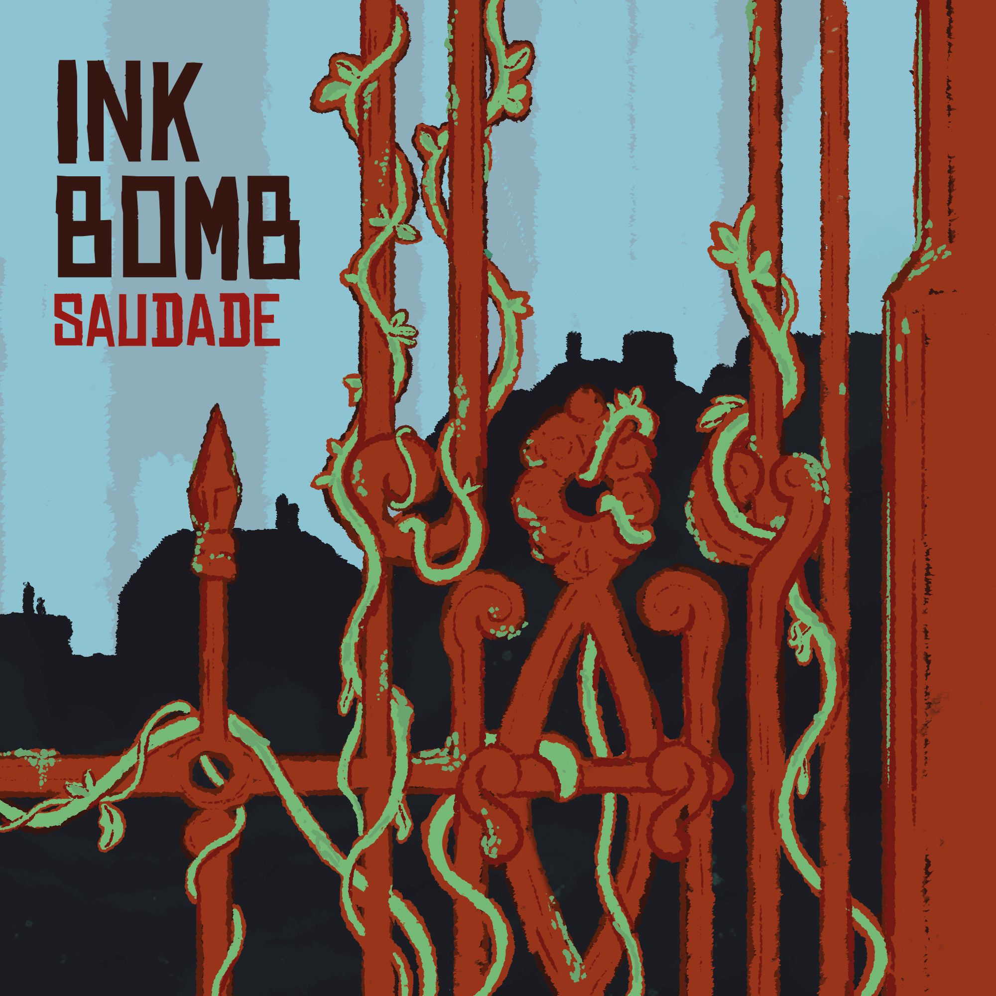 Cover design for the new Ink Bomb record "Saudade". We see a fence in red color overgrown with green vines and a dark silhouette of a city in the background.