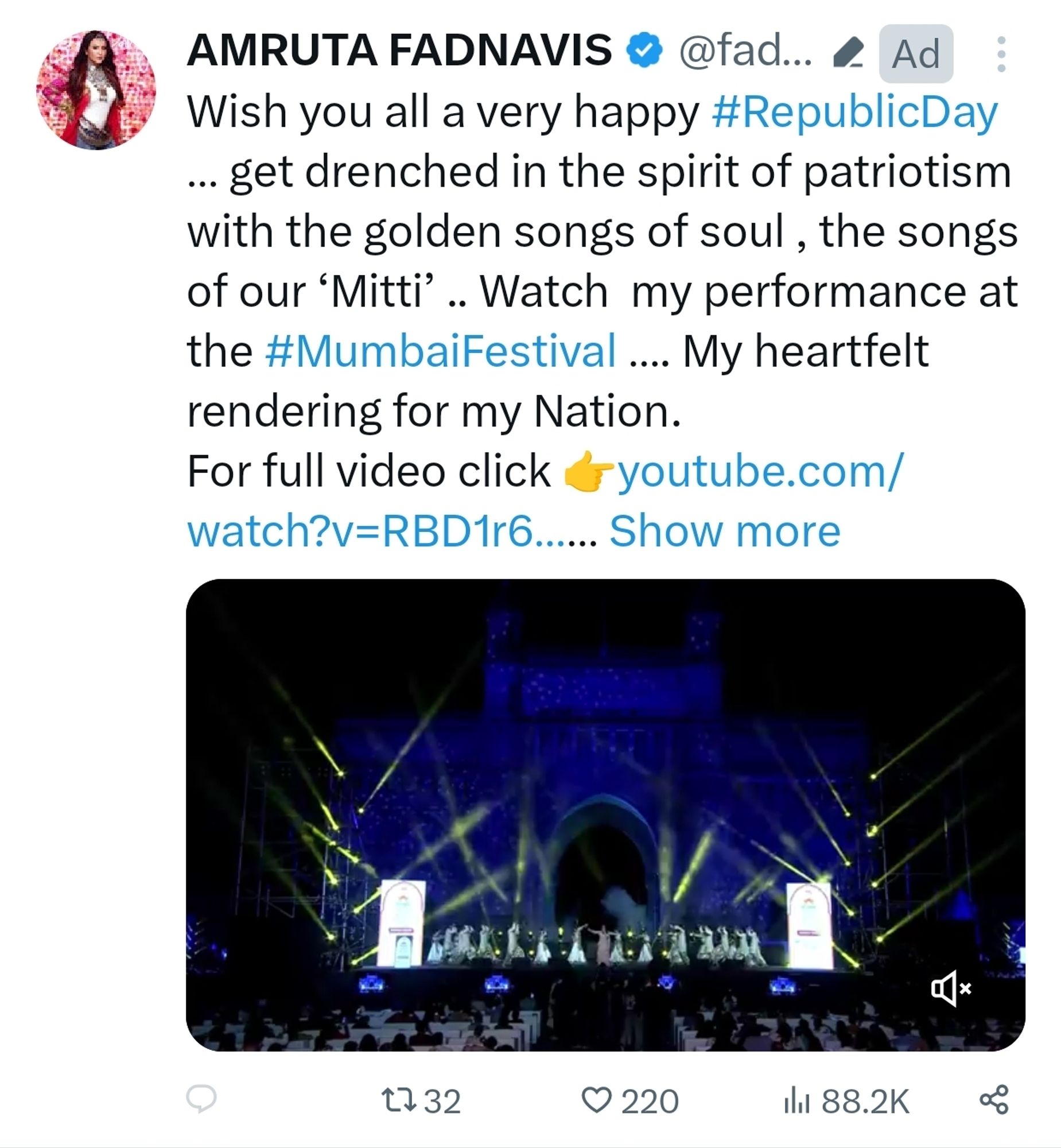 A Twitter ad by Amrita Fadnavis promoting her performance of the song "Mitti"