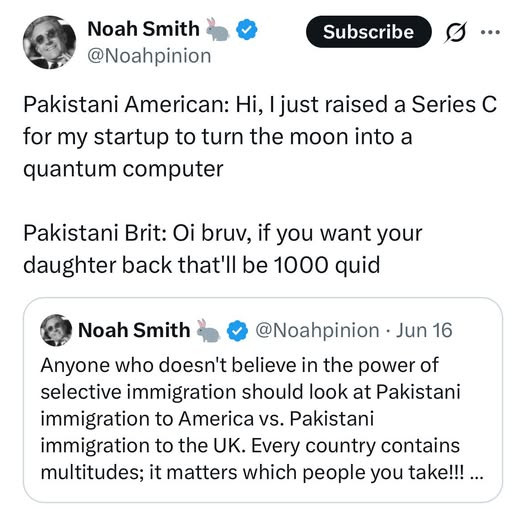 Noah Smith on Twitter with an extremely racist tweet implying US Pakistanis are all virtuous startup bros and British Pakistanis are all kidnappers and/or rapists