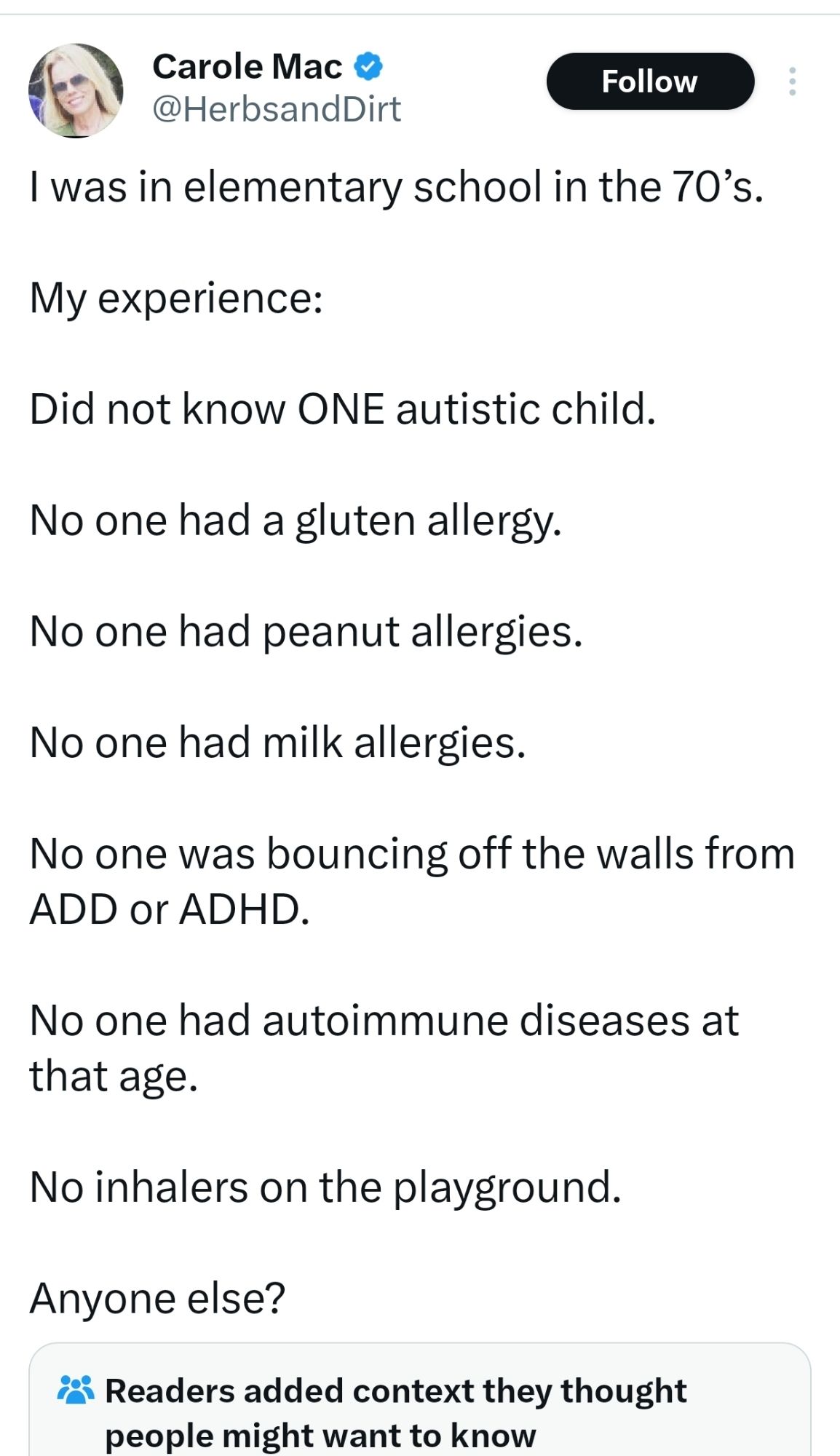 Lady on Twitter talking about how she never saw kids with ADHD, autism, asthma or allergies in elementary school in the 1970s