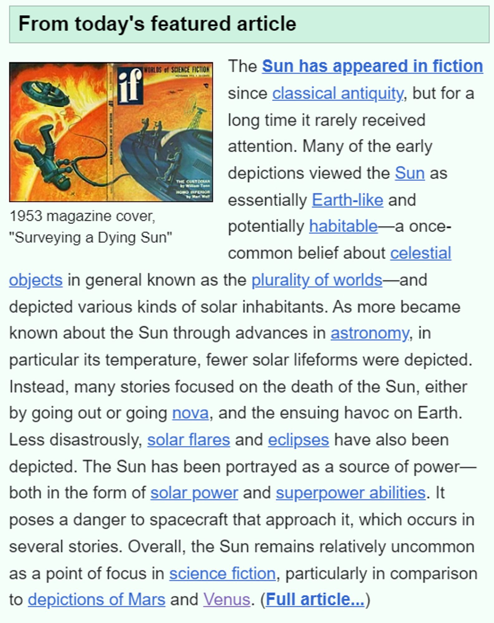 A screenshot from Wikipedia's Main Page for 21 December 2023 with Today's Featured Article being the "Sun in fiction". The picture accompanying the excerpt from the article is a cover of "If" magazine from November 1953 showing a flying saucer with an astronaut doing an EVA in low orbit over the Sun with a solar flare in the background - the title of this picture is "Surveying a Dying Sun"