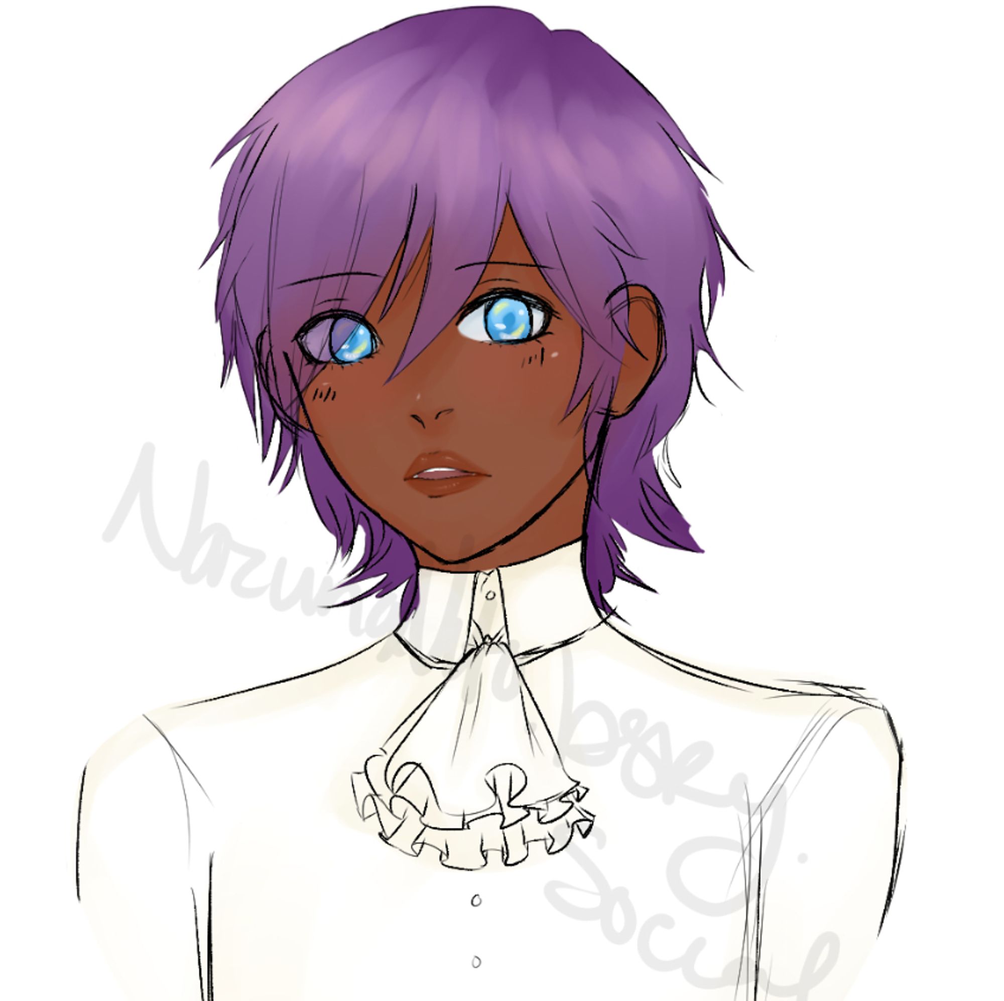 My art of an Original Character that belongs to me.! He has dusty purple hair and is wearing a vintage-esque button up. He has bright blue eyes and brown skin. His expression looks somewhat blank, yet lost in thought.