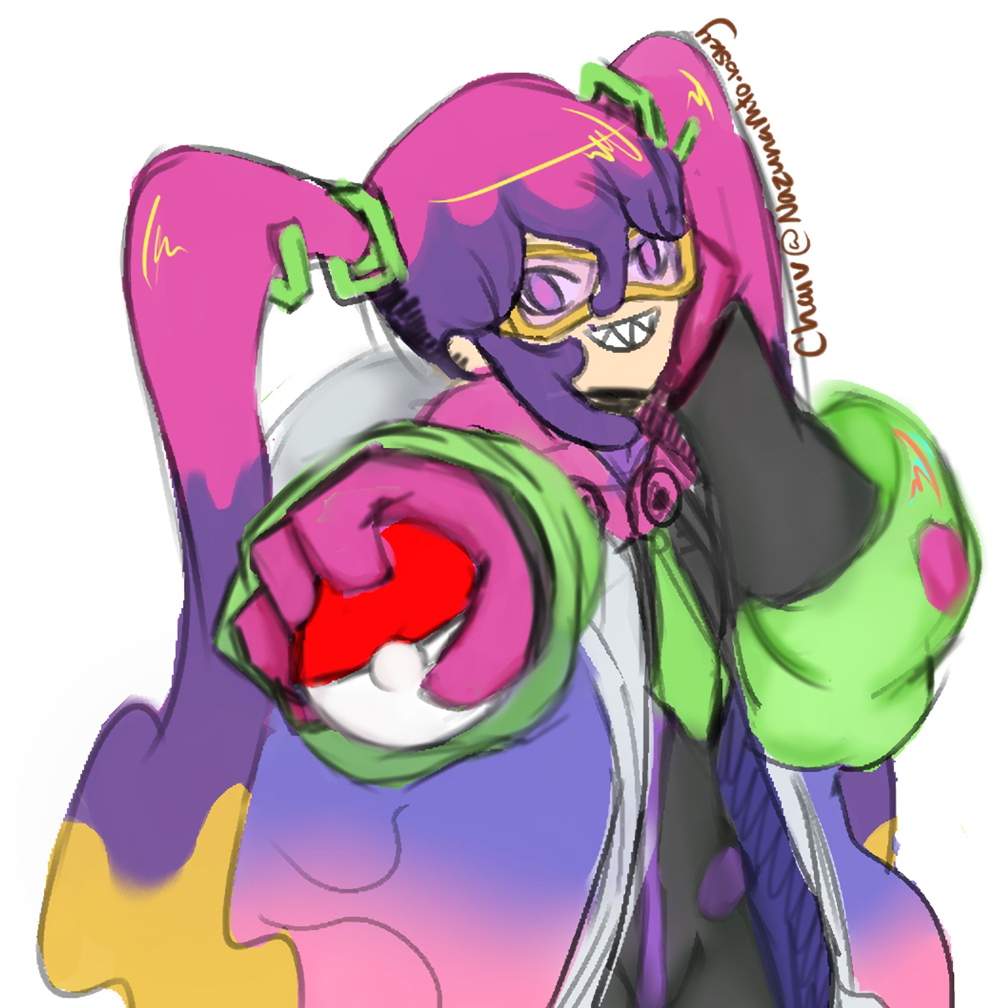 Fanart of Poison Trainer Hatsune Miku from the Pokemon-Miku collaboration. She is holding a pokeball and looks ready for a battle