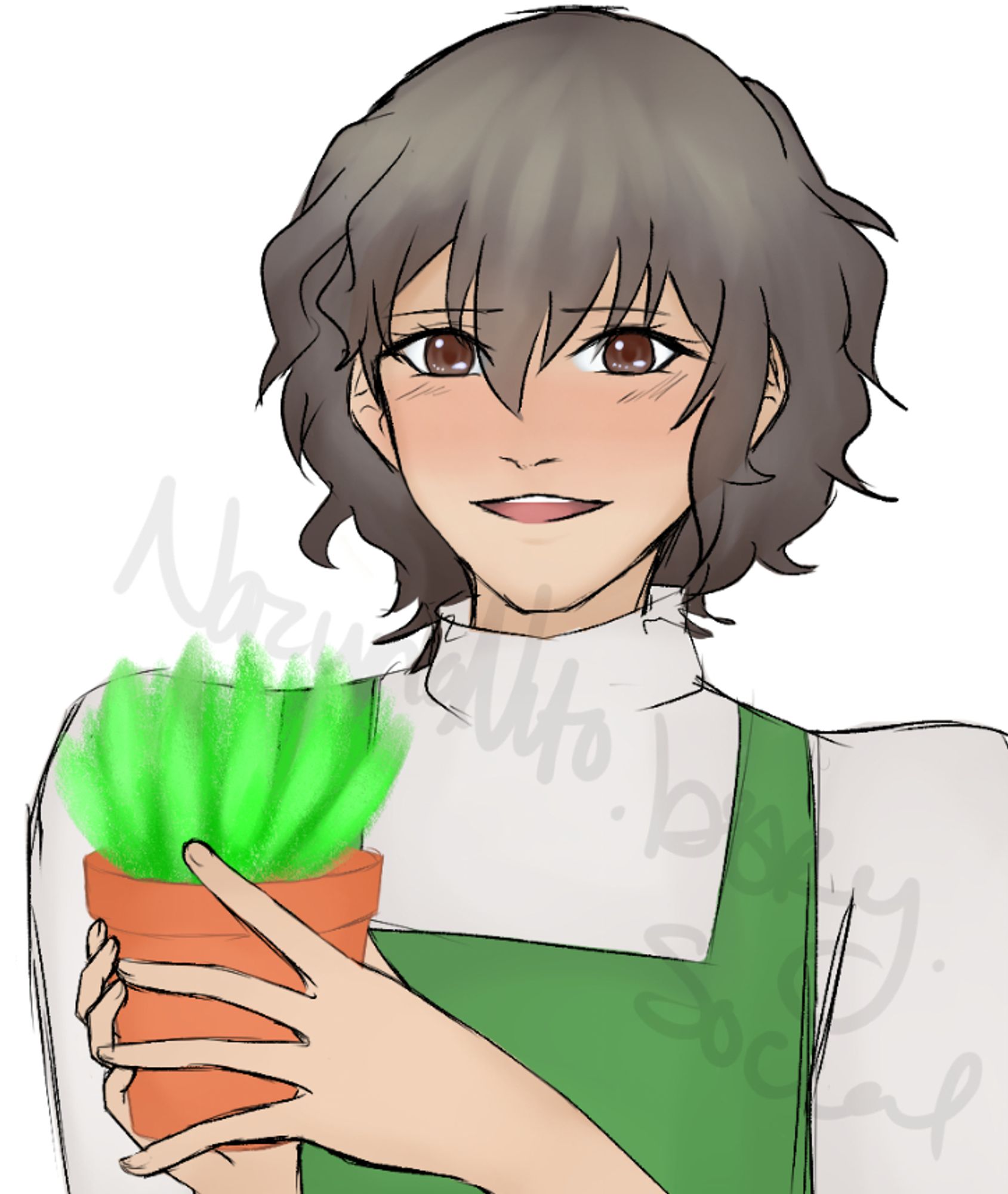 fanart of Ikuina from the BL Visual Novel, Slow Damage. He is smiling while holding a potted plant! :) He looks hopeful. perhaps a little too hopeful (haha)