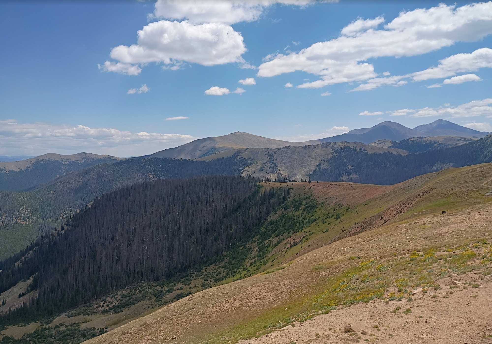 Photo of lots of mountain peaks. It is a view from the top of Monarch Pass in the middle of the Colorado Rockies. Beautiful!