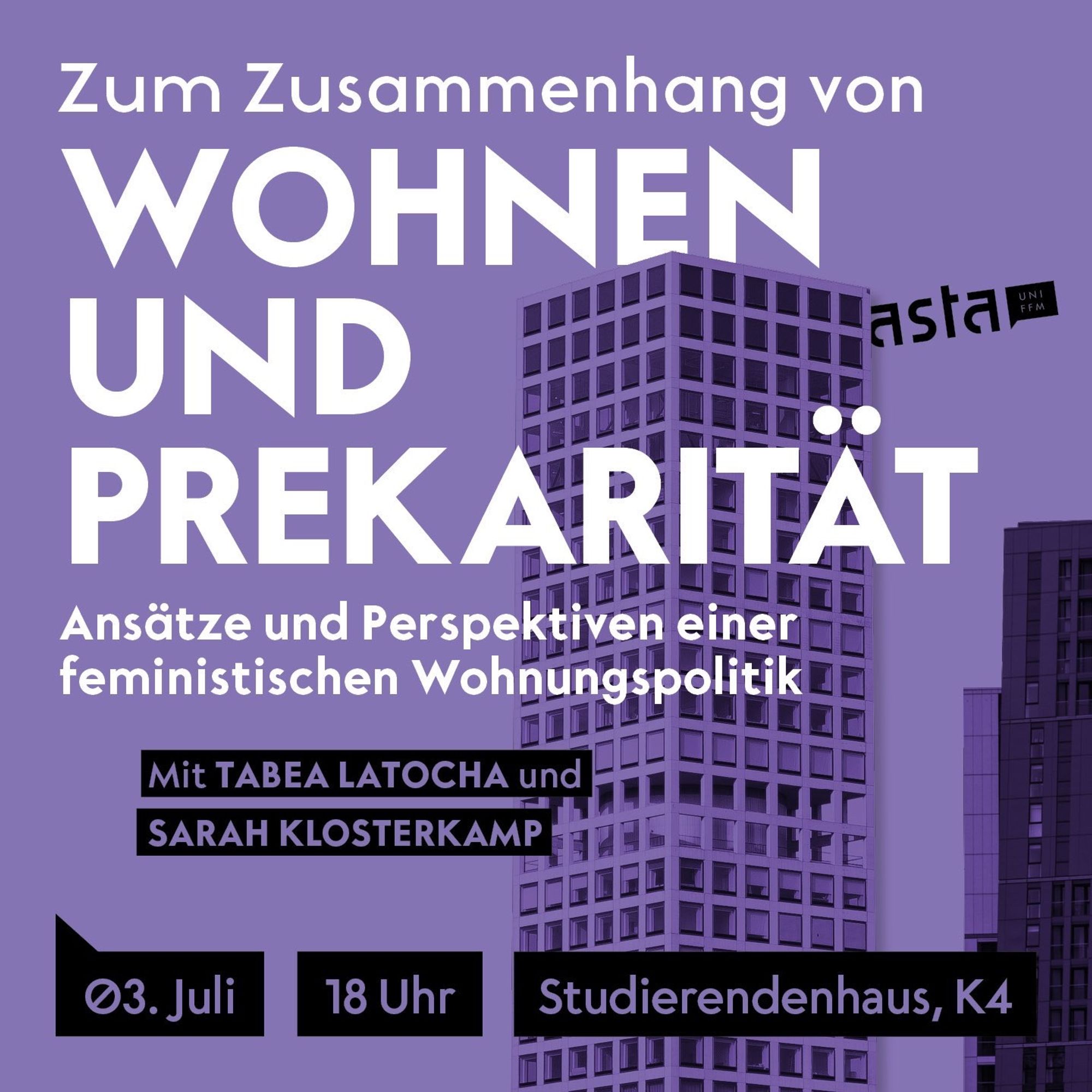 Plakat. Titel: "Zum Zusammenhang von Wohnen und Prekarität. Ansätze und Perspektiven einer feministischen Wohnungspolitik".