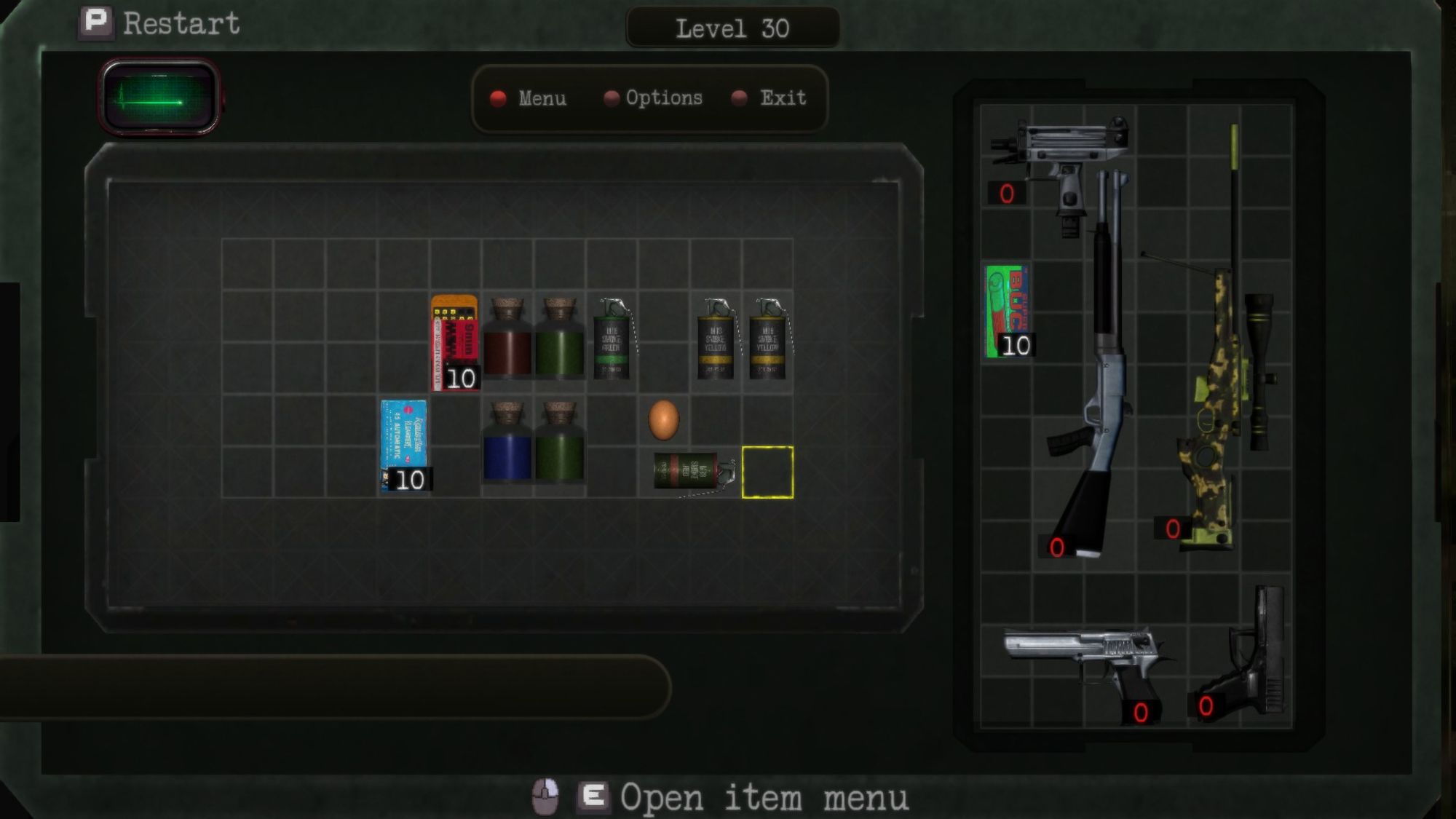 A level in the game Save Room by Fractal Projects.
Two grids of squares are shown, with various munitions, potions, and an egg occupying spaces, and a heart monitor in the upper-left. The setup is extremely reminiscent of the inventory screen in Resident Evil.