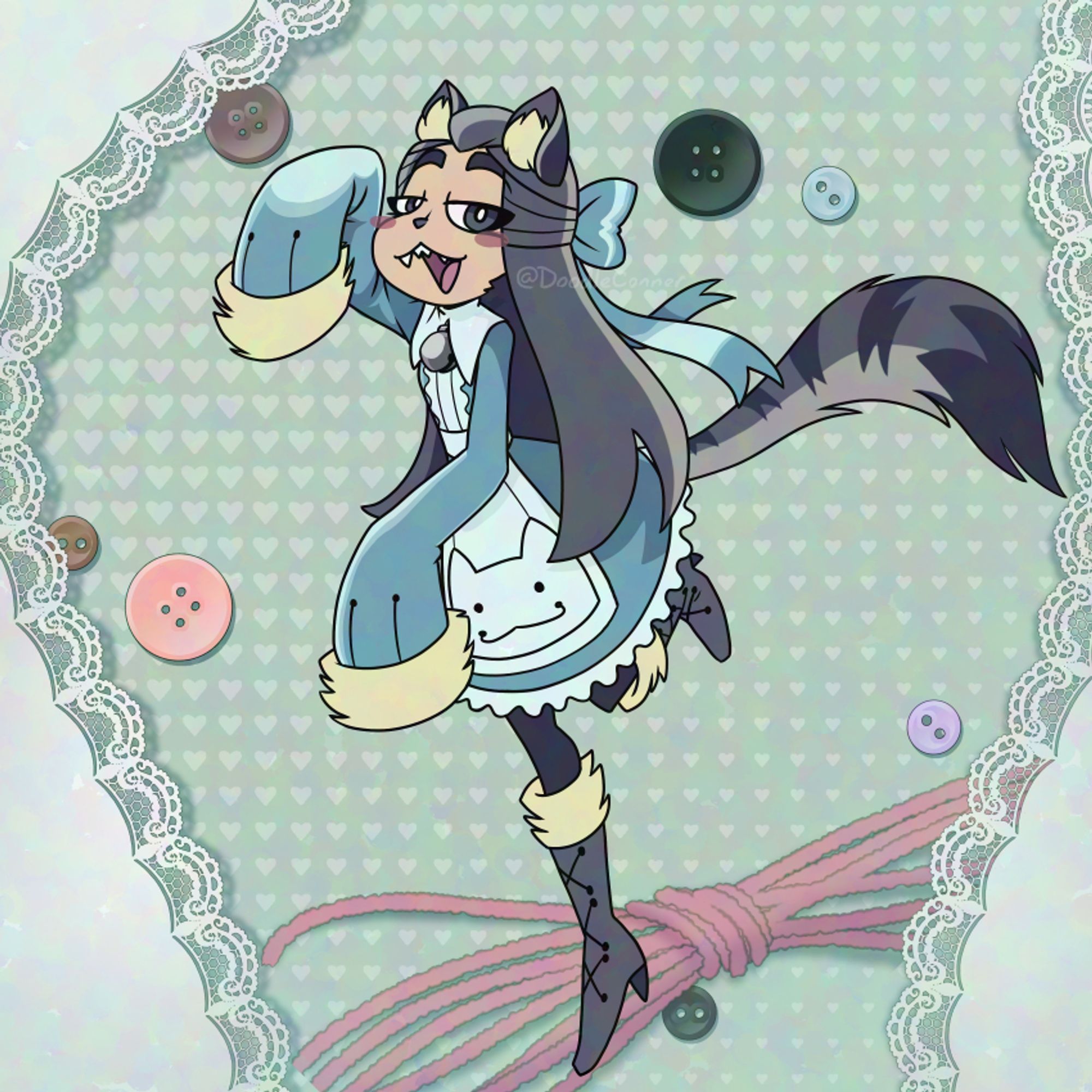 A character with feline ears and tail with long hair; they're wearing a blue dress with overly long sleeves and are standing in front of a background of fabric and buttons