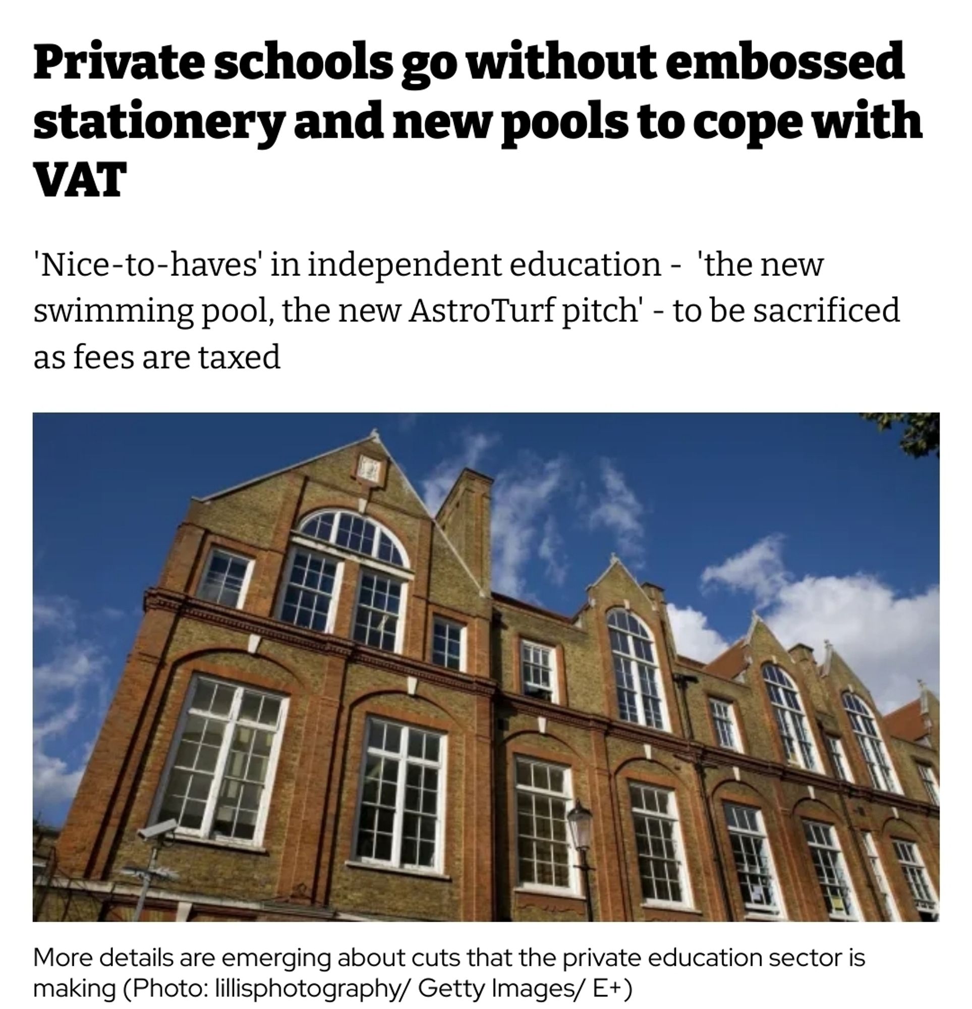 Private schools go without embossed stationery and new pools to cope with VAT
'Nice-to-haves' in independent education -  'the new swimming pool, the new AstroTurf pitch' - to be sacrificed as fees are taxed