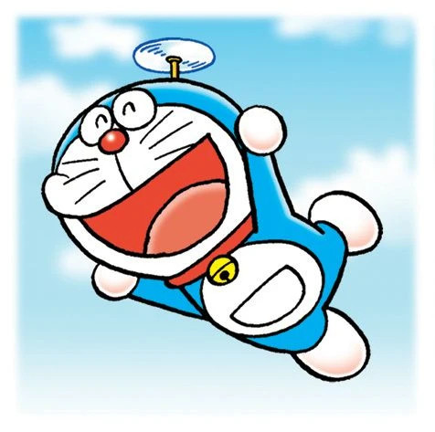 A picture of Doraemon flying through the air with his bamboo helicopter (take-copter)