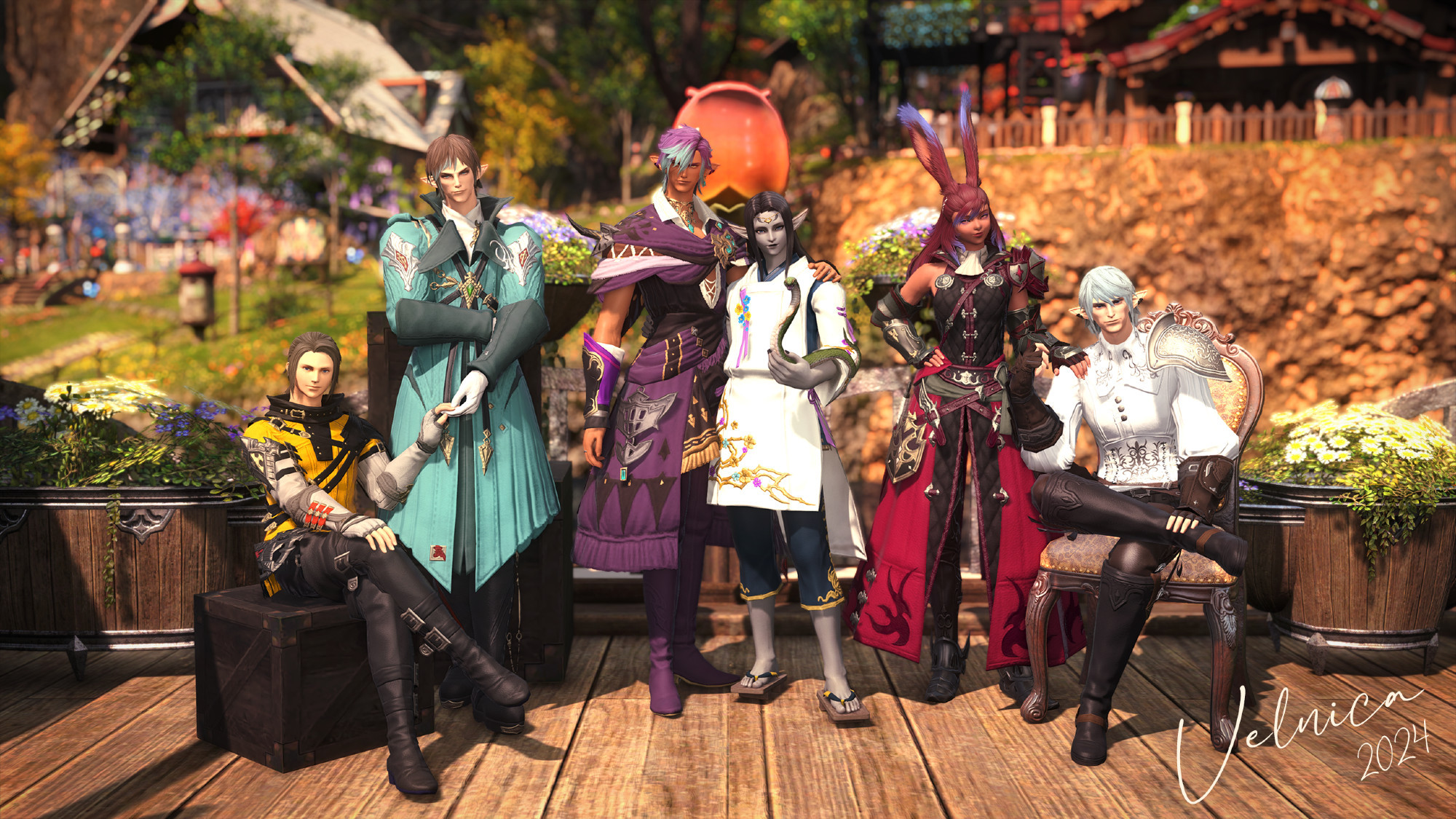 A gpose shot of Velnica's main cast. They are posing on a bridge in Lavender Beds. From left to right: Sanson Smyth, Guydelot Thildonnet, Corentin Arcenaux (Cora), Seiryu, Fjora Swiftmane and Haurchefant Greystone. They are separated into ships: Sanson/Guydelot, Cora/Seiryu, Fjora/Haurchefant. Seiryu is holding a small green snake in his hand.