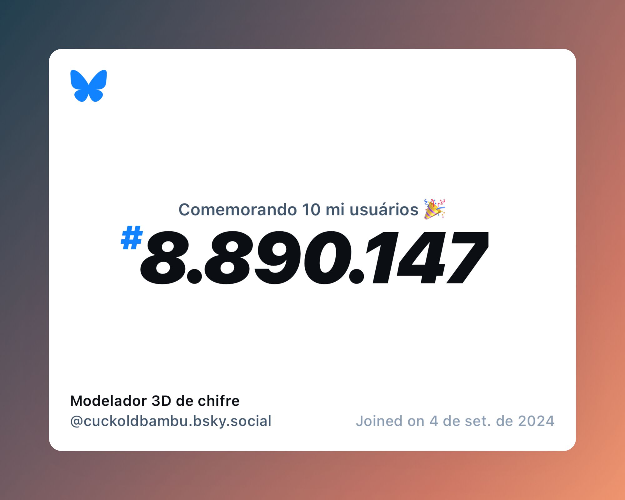 Um certificado virtual com o texto "Comemorando 10 milhões de usuários no Bluesky, #8.890.147, Modelador 3D de chifre ‪@cuckoldbambu.bsky.social‬, ingressou em 4 de set. de 2024"